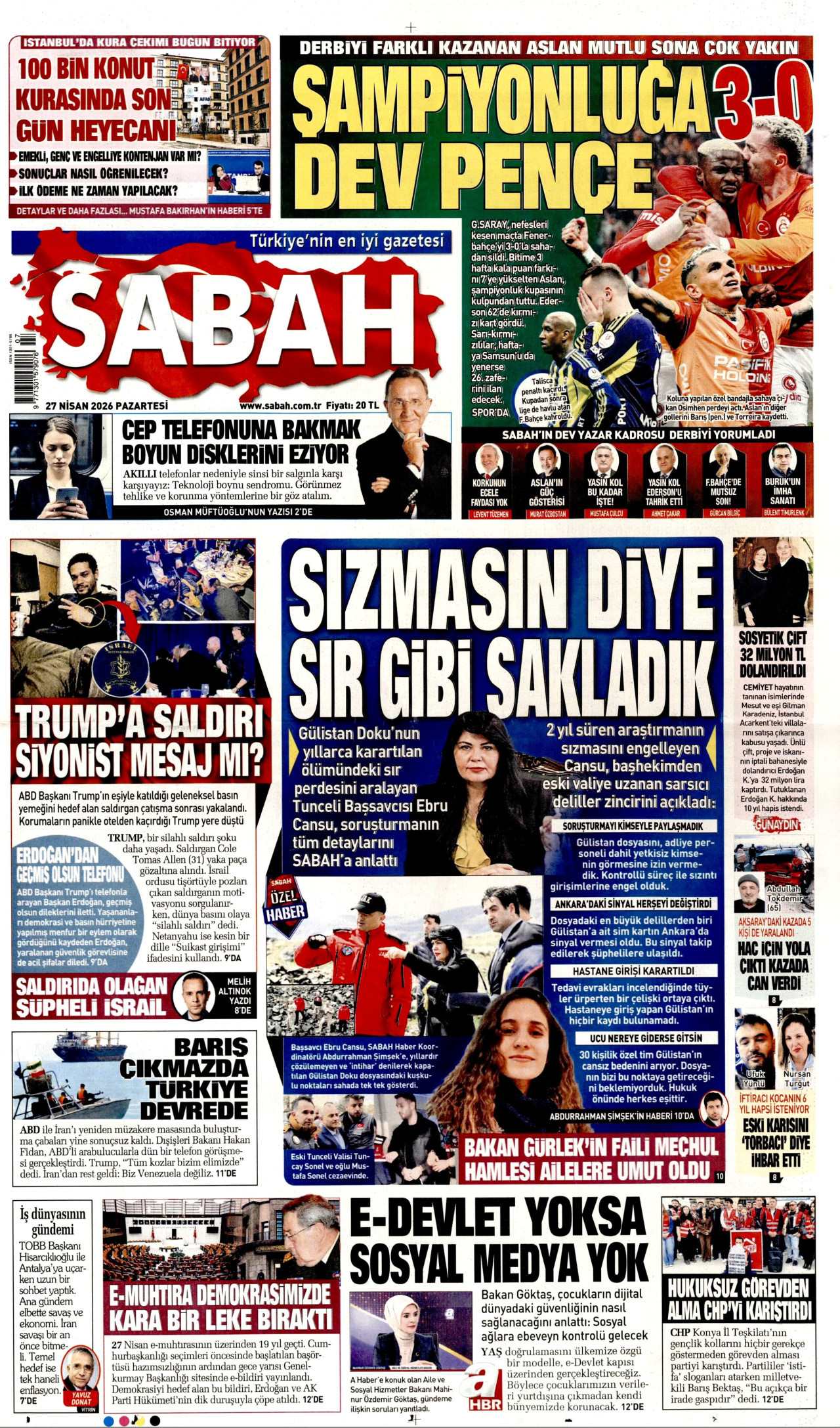 SABAH gazetesinin 27 Nisan 2026 tarihli birinci sayfası