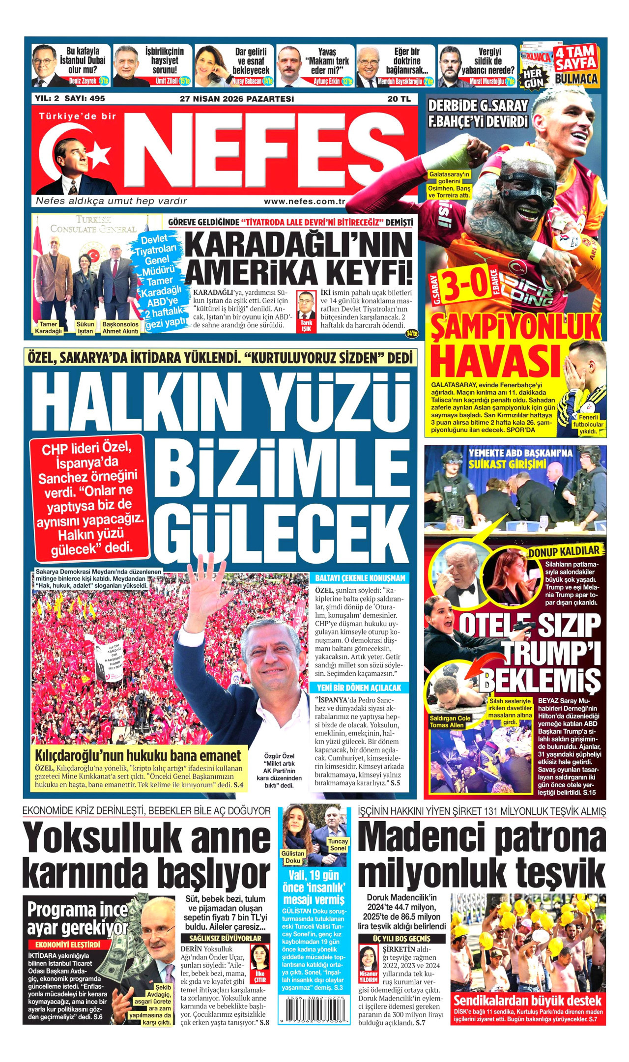 NEFES gazetesinin 27 Nisan 2026 tarihli birinci sayfası