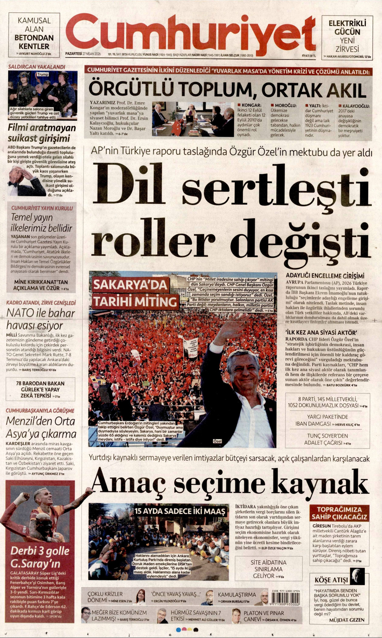 CUMHURİYET gazetesinin 27 Nisan 2026 tarihli birinci sayfası