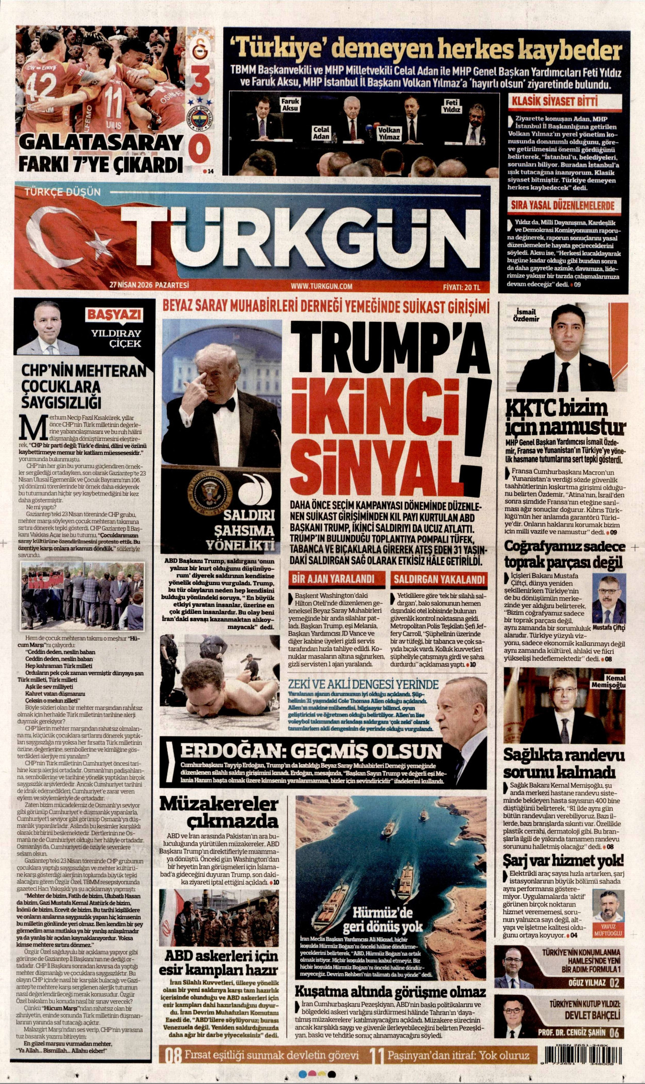 TÜRKGÜN gazetesinin 27 Nisan 2026 tarihli birinci sayfası