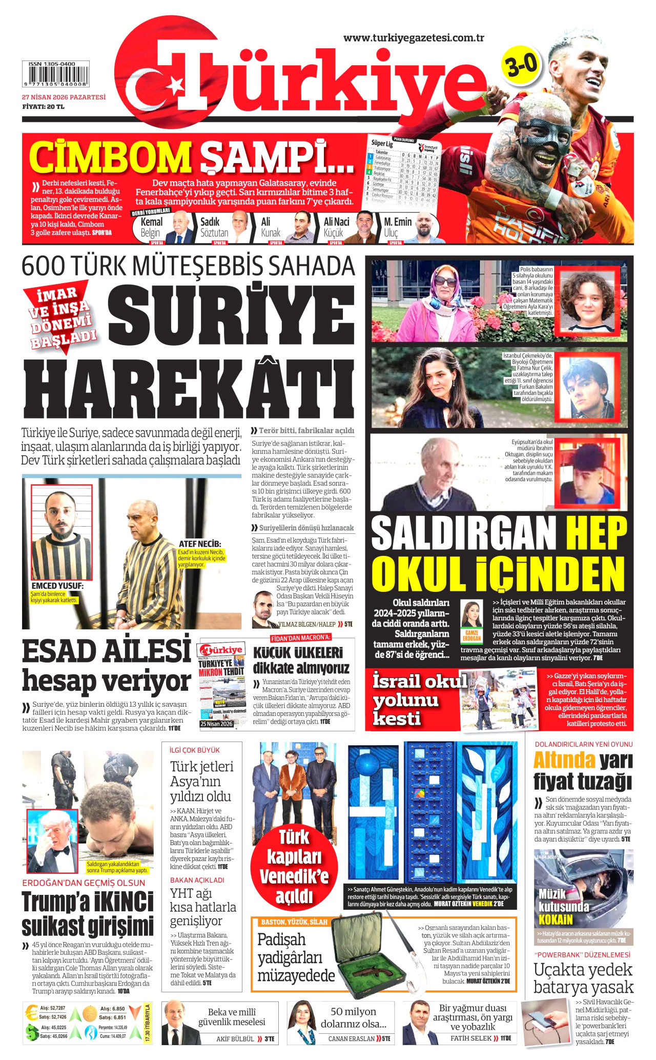 TÜRKİYE GAZETESİ gazetesinin 27 Nisan 2026 tarihli birinci sayfası