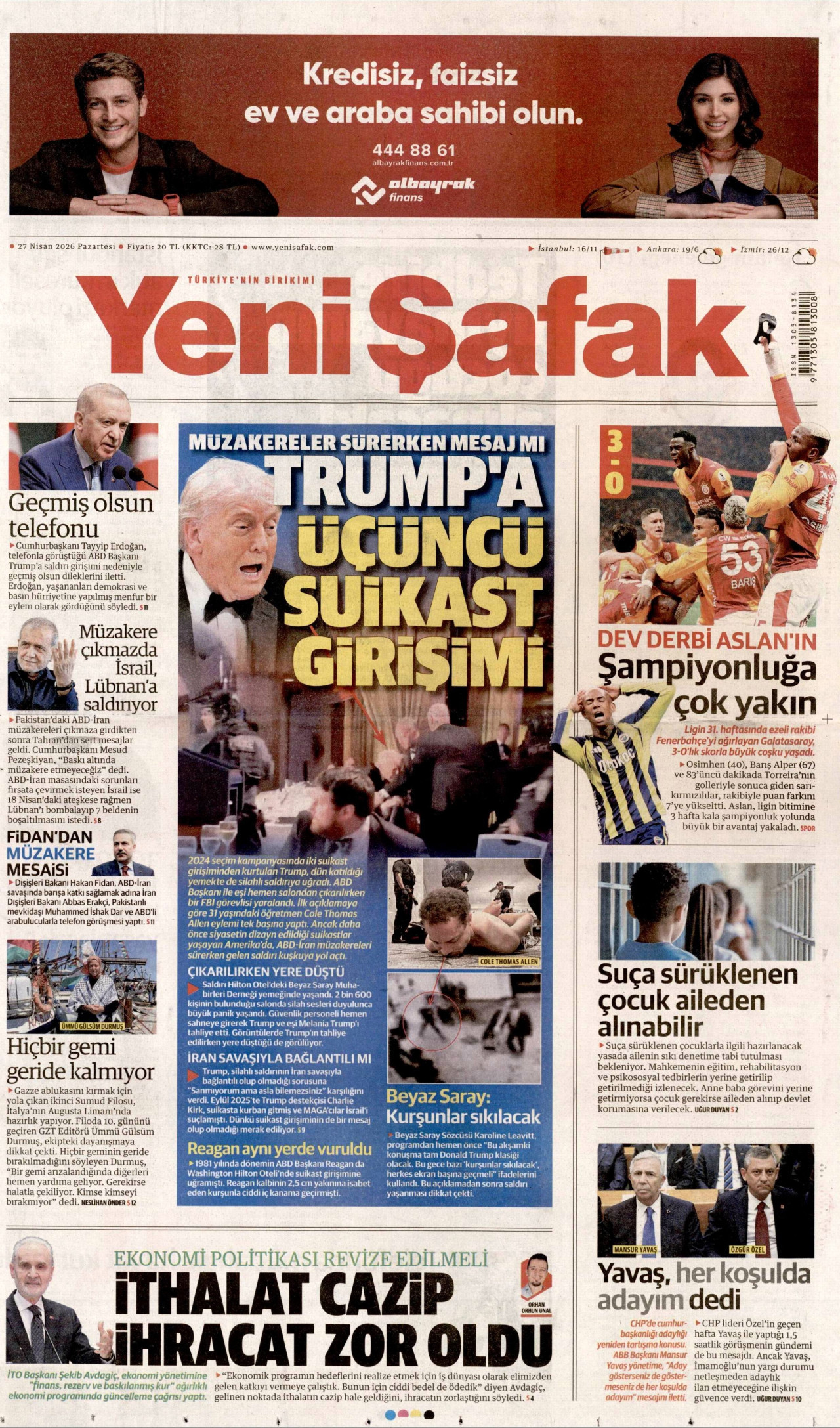 YENİ ŞAFAK gazetesinin 27 Nisan 2026 tarihli birinci sayfası