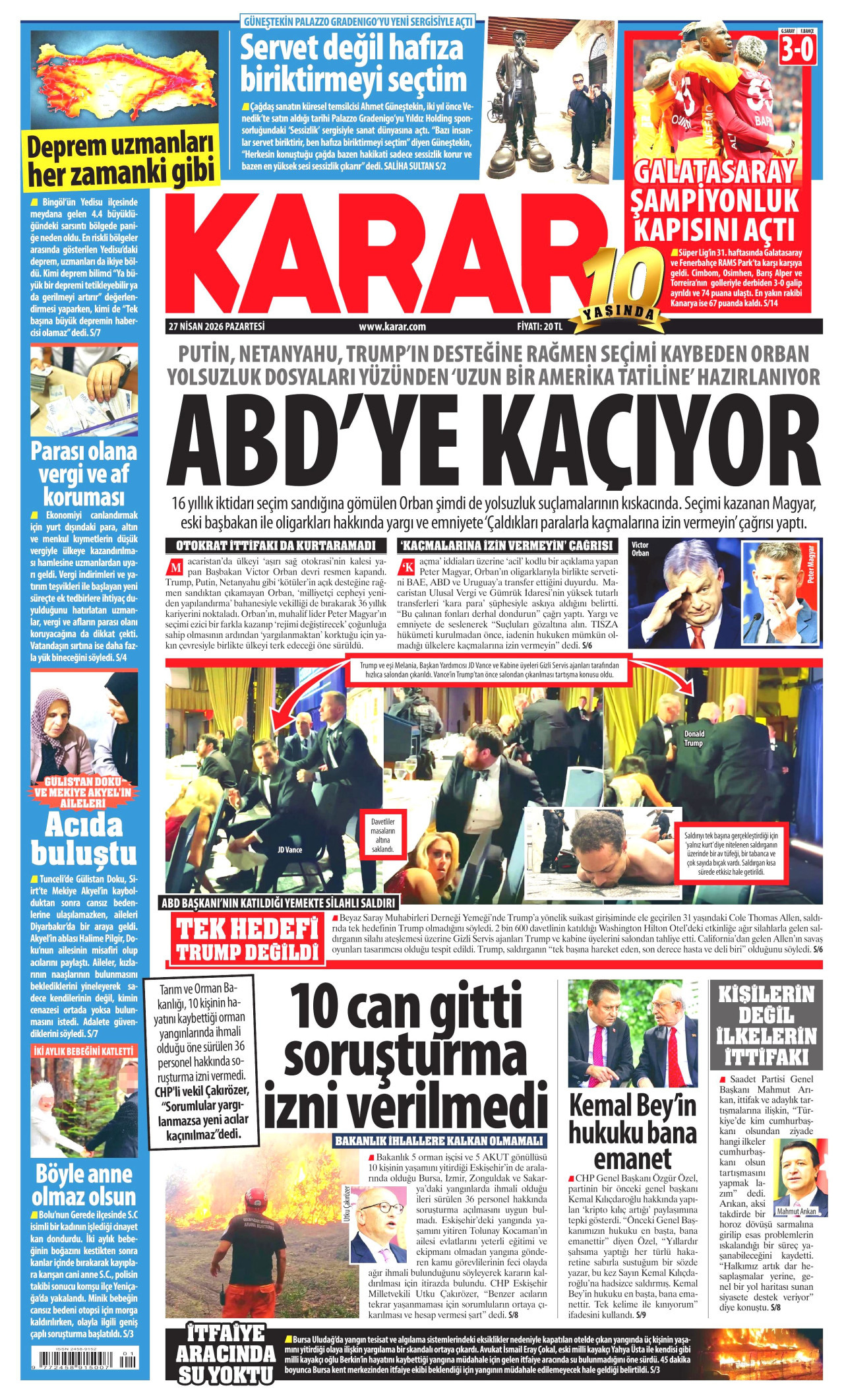 KARAR gazetesinin 27 Nisan 2026 tarihli birinci sayfası