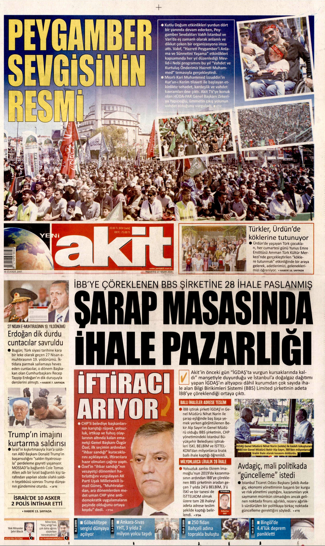 YENİ AKİT gazetesinin 27 Nisan 2026 tarihli birinci sayfası