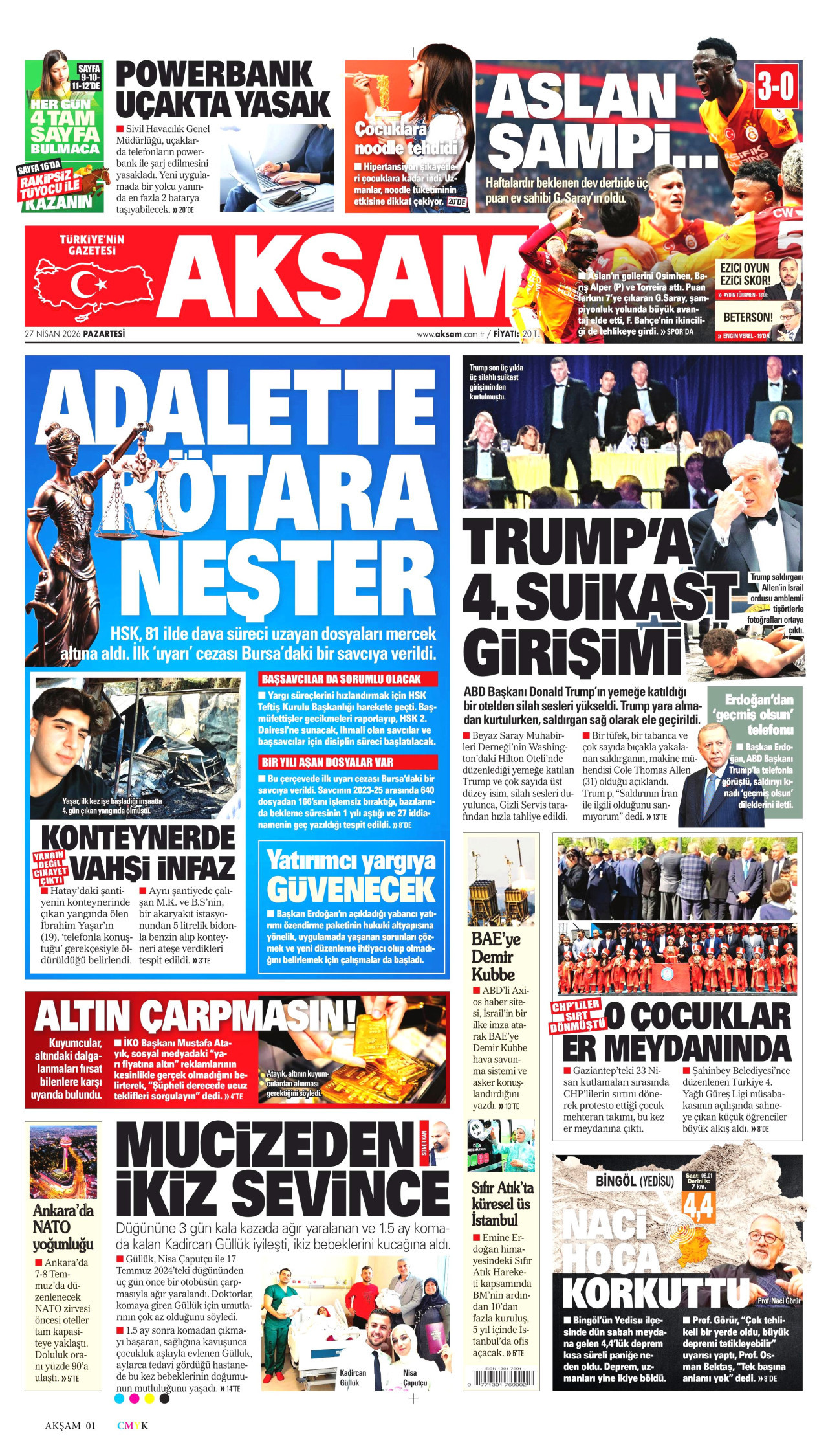 AKŞAM gazetesinin 27 Nisan 2026 tarihli birinci sayfası