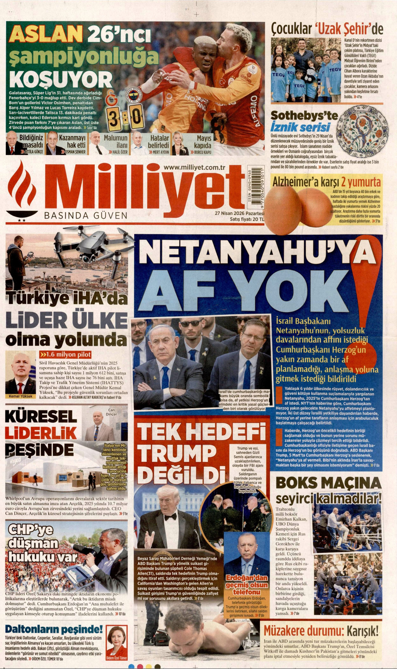MİLLİYET gazetesinin 27 Nisan 2026 tarihli birinci sayfası