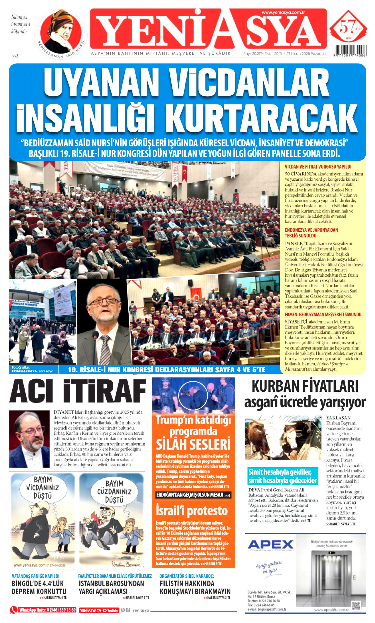YENİ ASYA gazetesinin 27 Nisan 2026 tarihli birinci sayfası