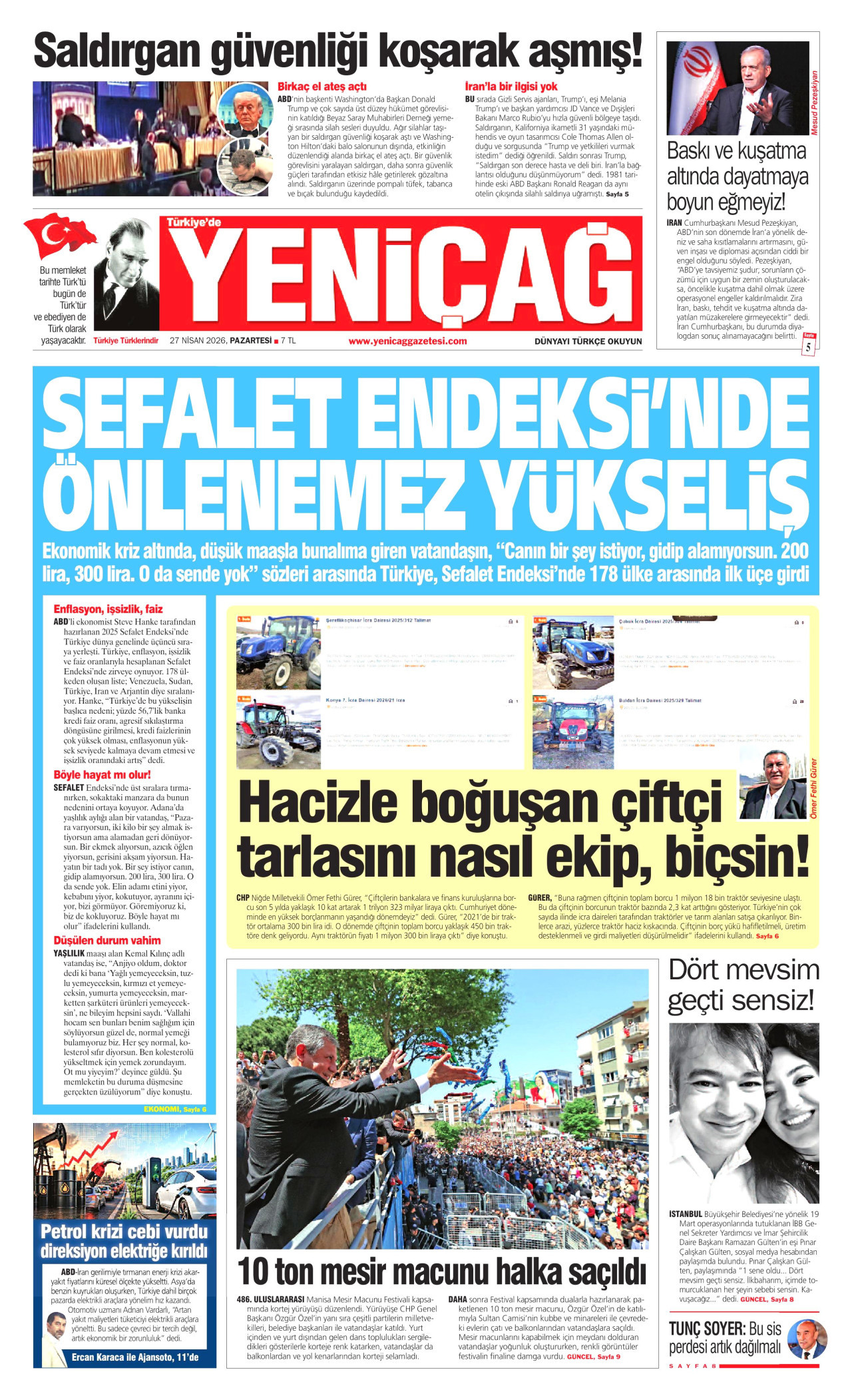 YENİÇAĞ gazetesinin 27 Nisan 2026 tarihli birinci sayfası