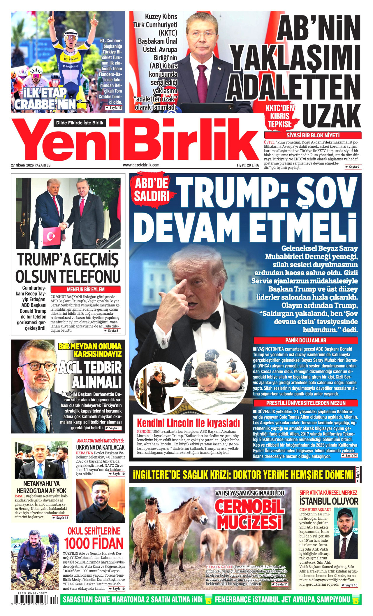YENİBİRLİK gazetesinin 27 Nisan 2026 tarihli birinci sayfası