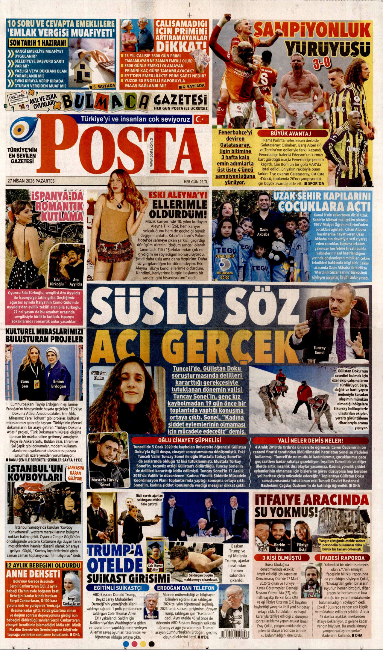 POSTA gazetesinin 27 Nisan 2026 tarihli birinci sayfası