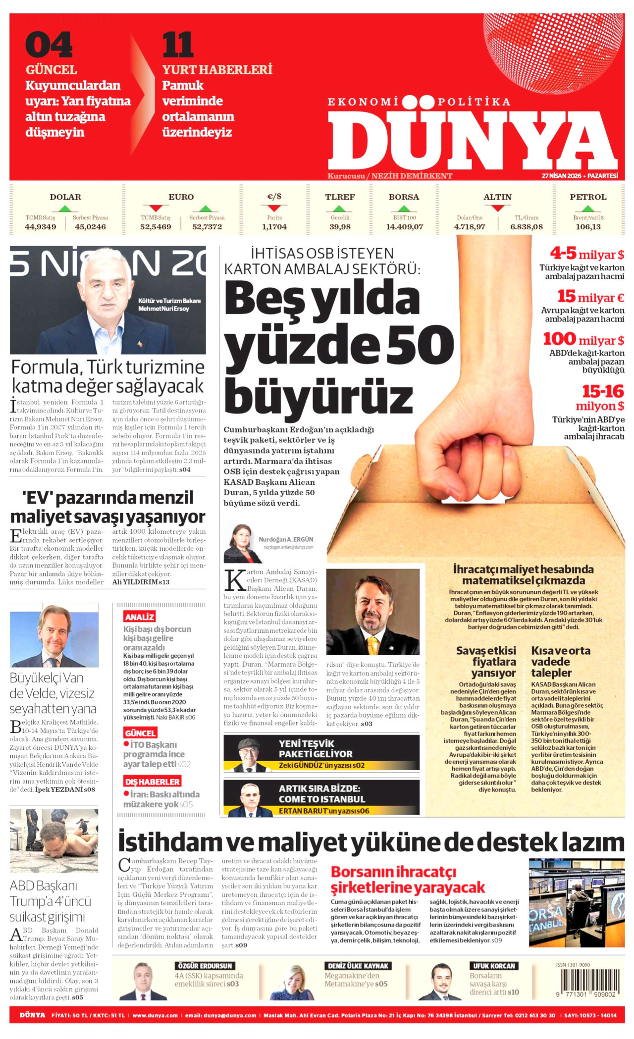 DÜNYA gazetesinin 27 Nisan 2026 tarihli birinci sayfası