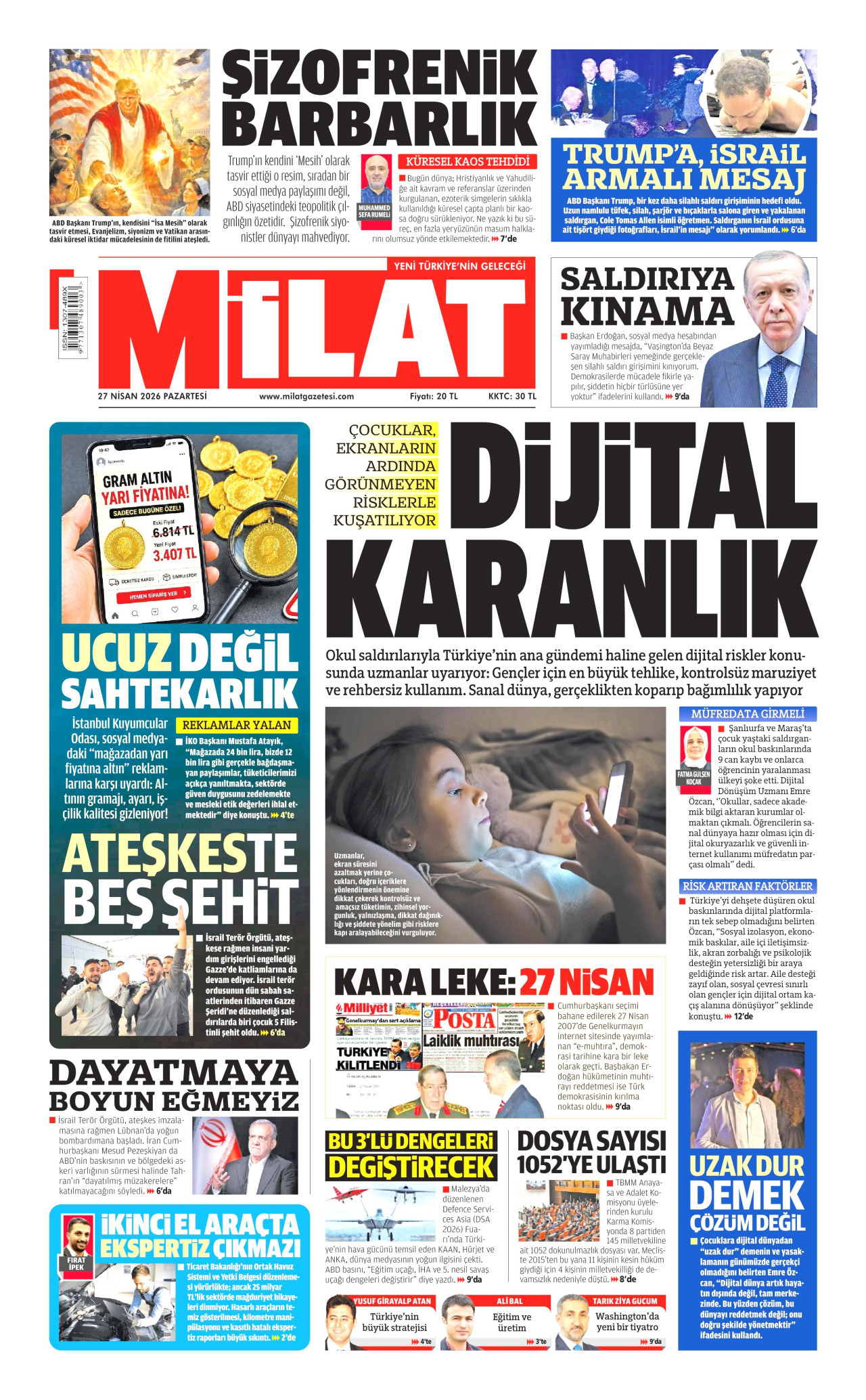 MİLAT gazetesinin 27 Nisan 2026 tarihli birinci sayfası