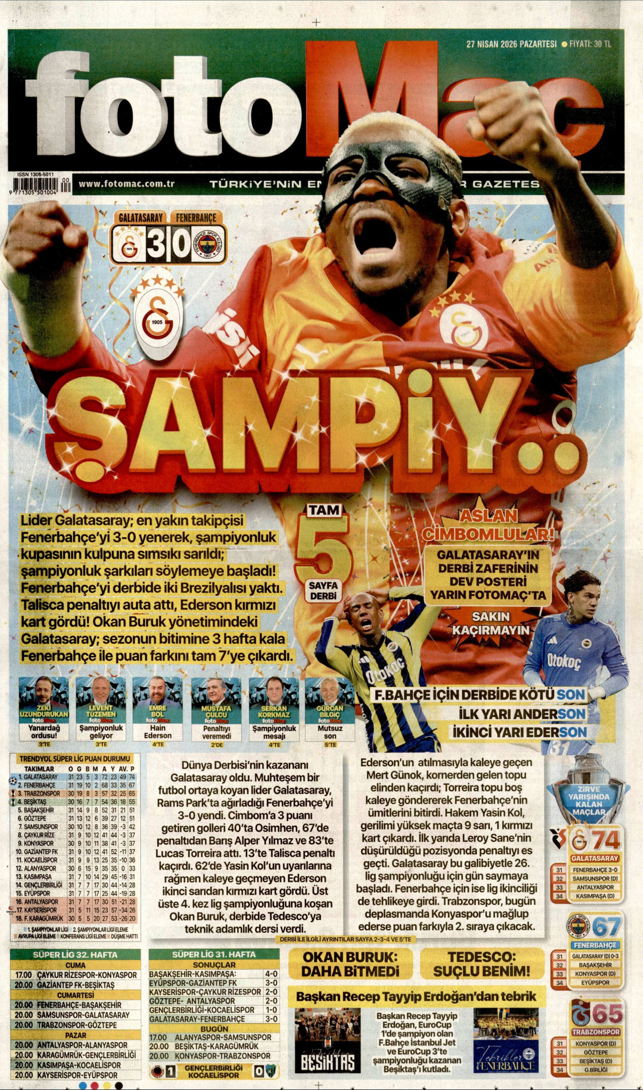 FOTOMAÇ gazetesinin 27 Nisan 2026 tarihli birinci sayfası