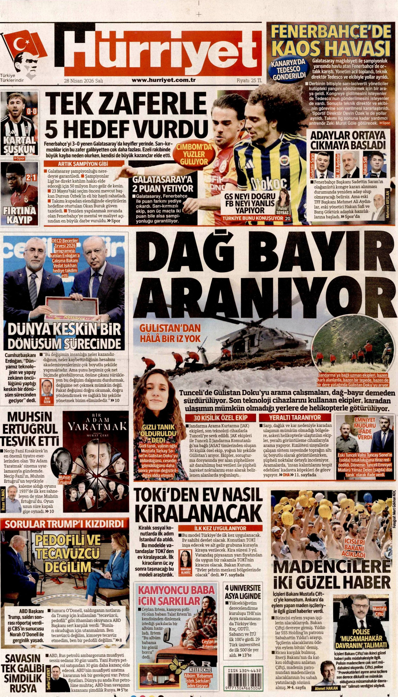 HÜRRİYET gazetesinin 28 Nisan 2026 tarihli birinci sayfası