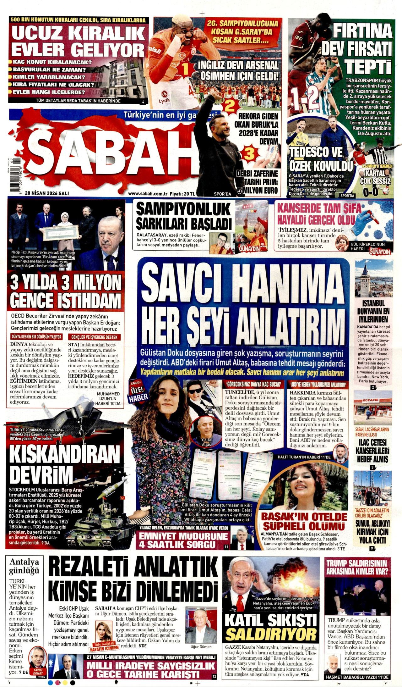 SABAH gazetesinin 28 Nisan 2026 tarihli birinci sayfası