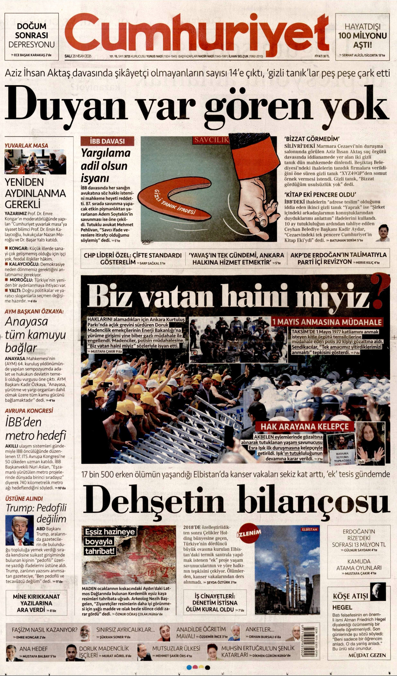CUMHURİYET gazetesinin 28 Nisan 2026 tarihli birinci sayfası