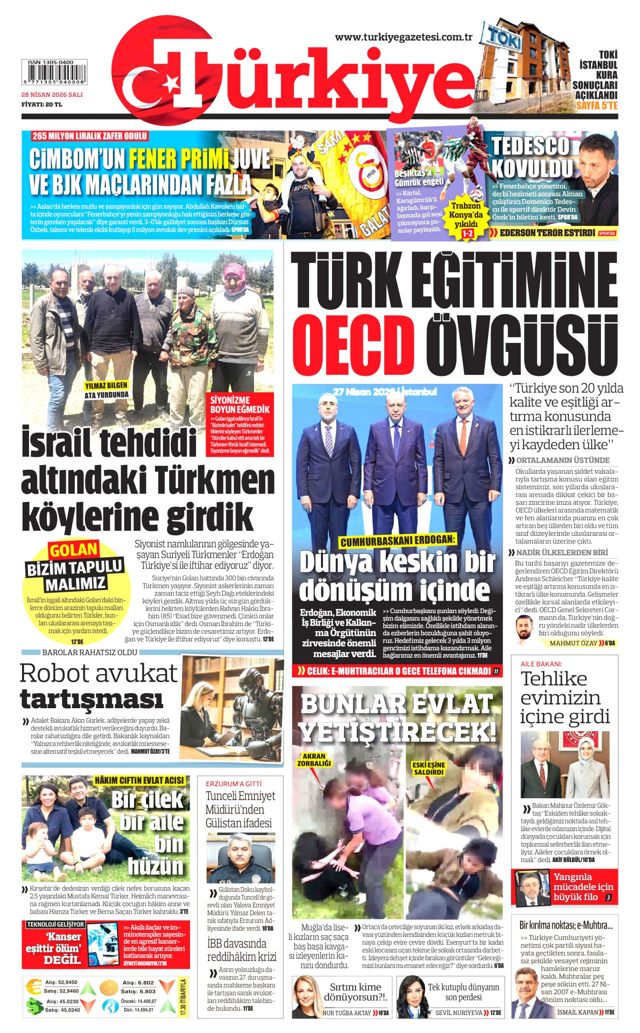 TÜRKİYE GAZETESİ gazetesinin 28 Nisan 2026 tarihli birinci sayfası