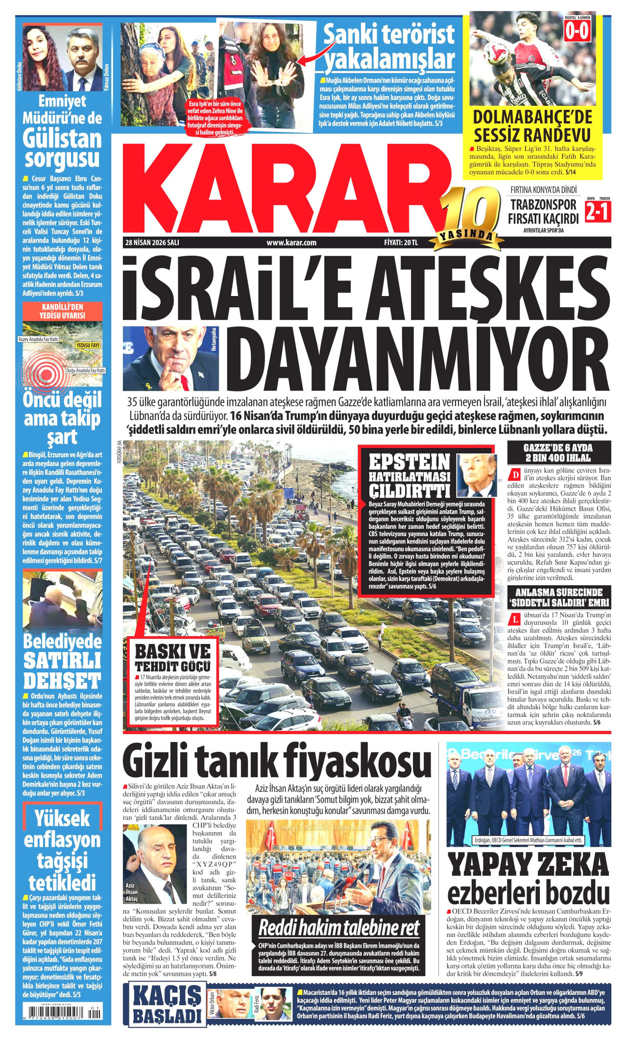 KARAR gazetesinin 28 Nisan 2026 tarihli birinci sayfası