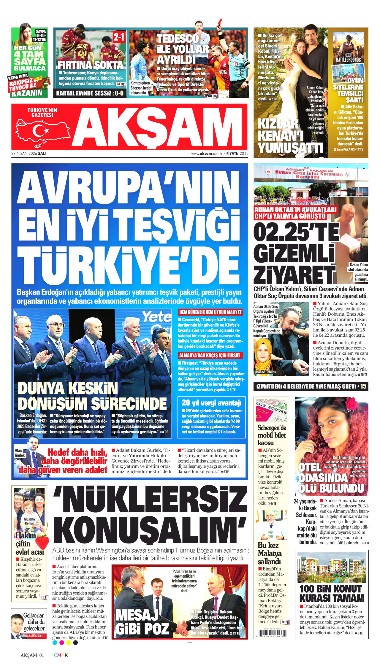 AKŞAM gazetesinin 28 Nisan 2026 tarihli birinci sayfası