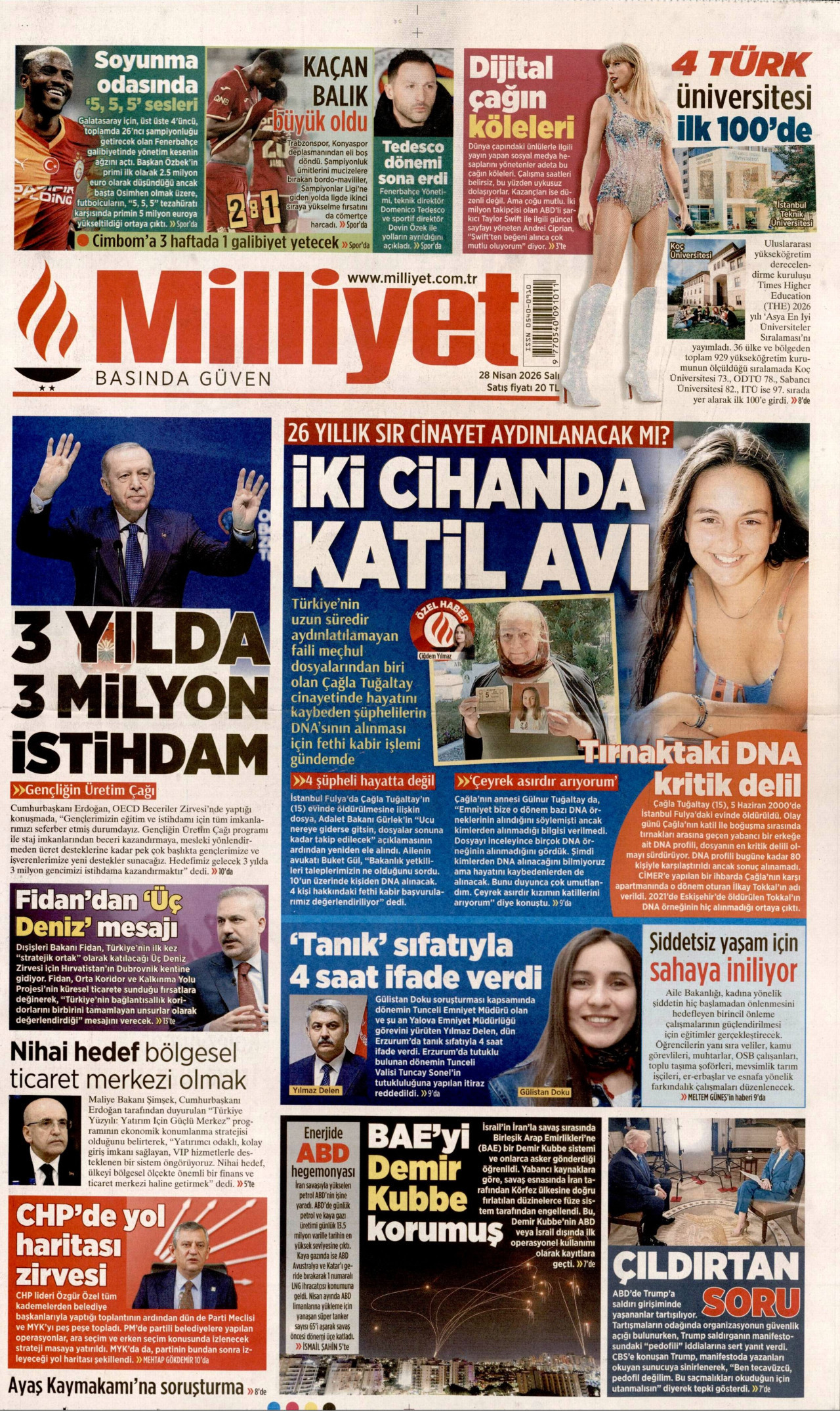 MİLLİYET gazetesinin 28 Nisan 2026 tarihli birinci sayfası