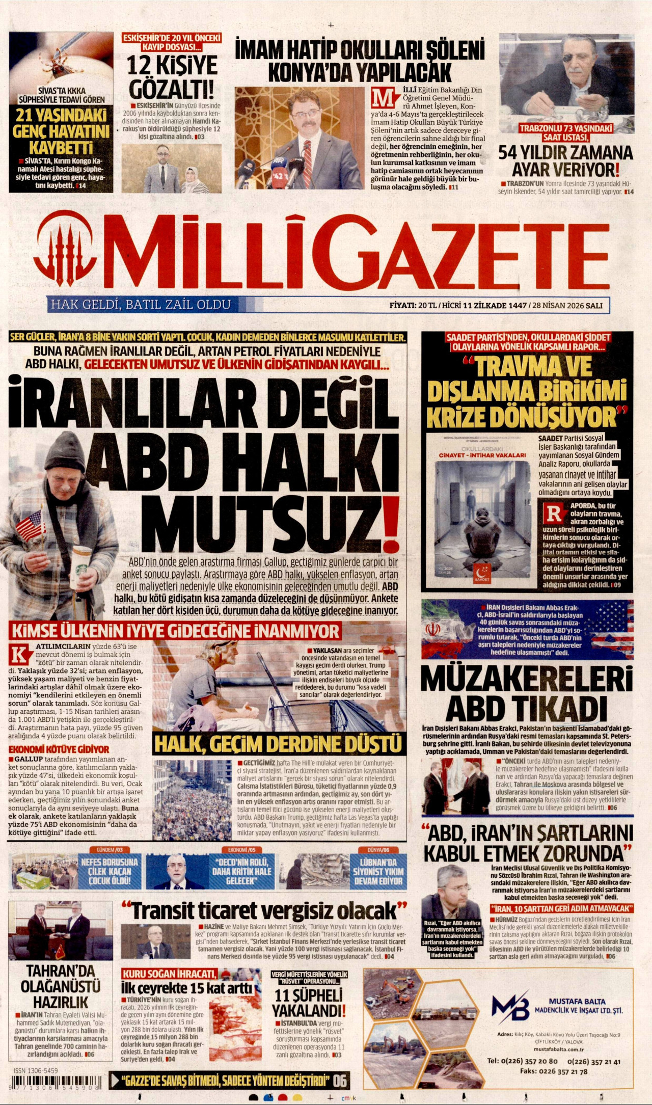 MİLLİ GAZETE gazetesinin 28 Nisan 2026 tarihli birinci sayfası