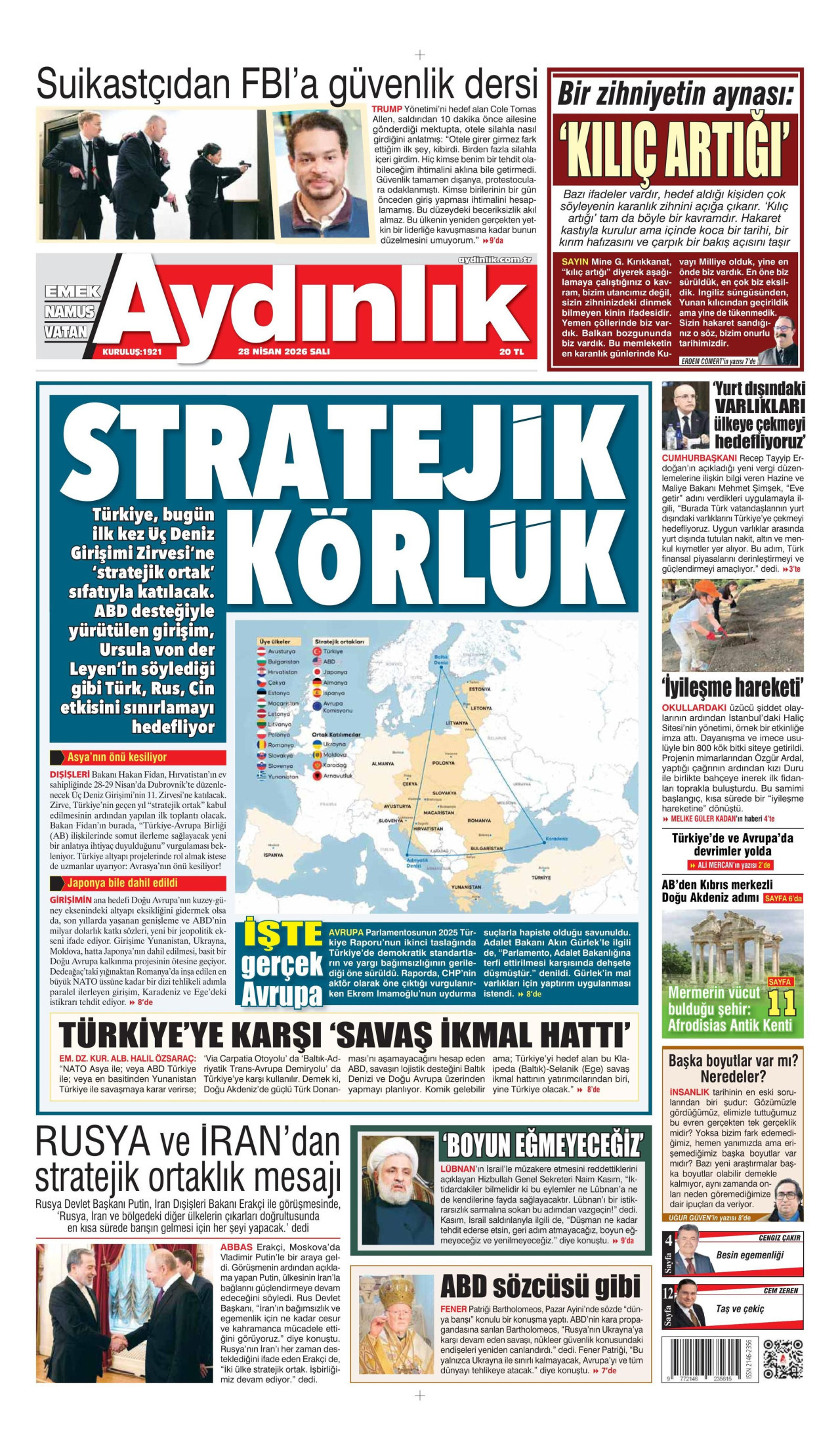 AYDINLIK GAZETESİ gazetesinin 28 Nisan 2026 tarihli birinci sayfası