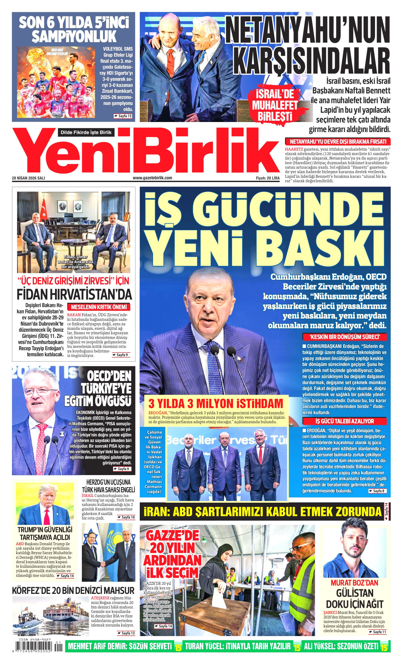 YENİBİRLİK gazetesinin 28 Nisan 2026 tarihli birinci sayfası