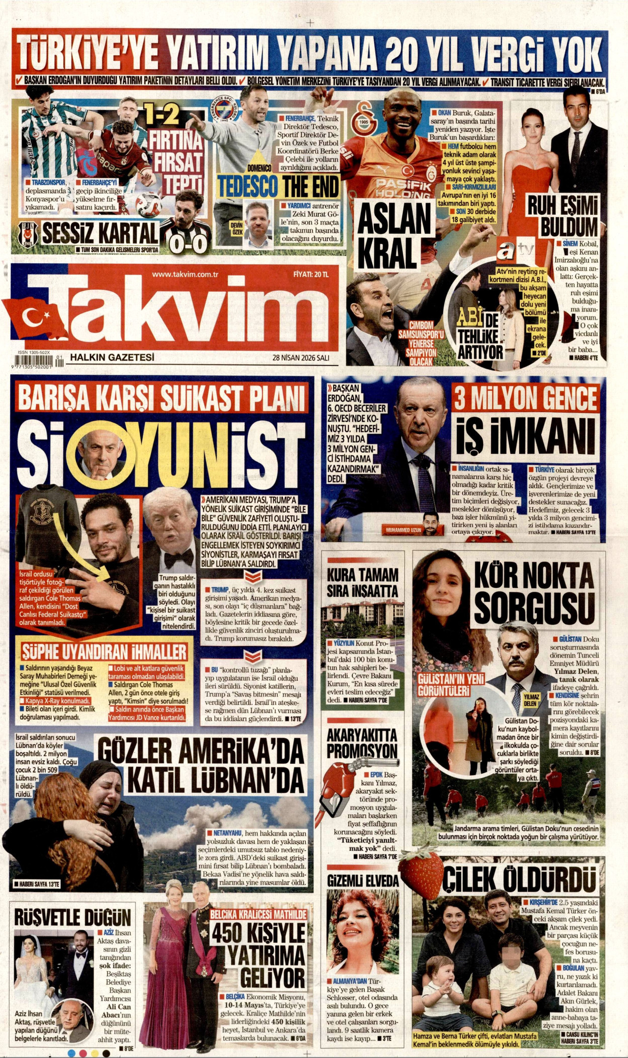 TAKVİM gazetesinin 28 Nisan 2026 tarihli birinci sayfası