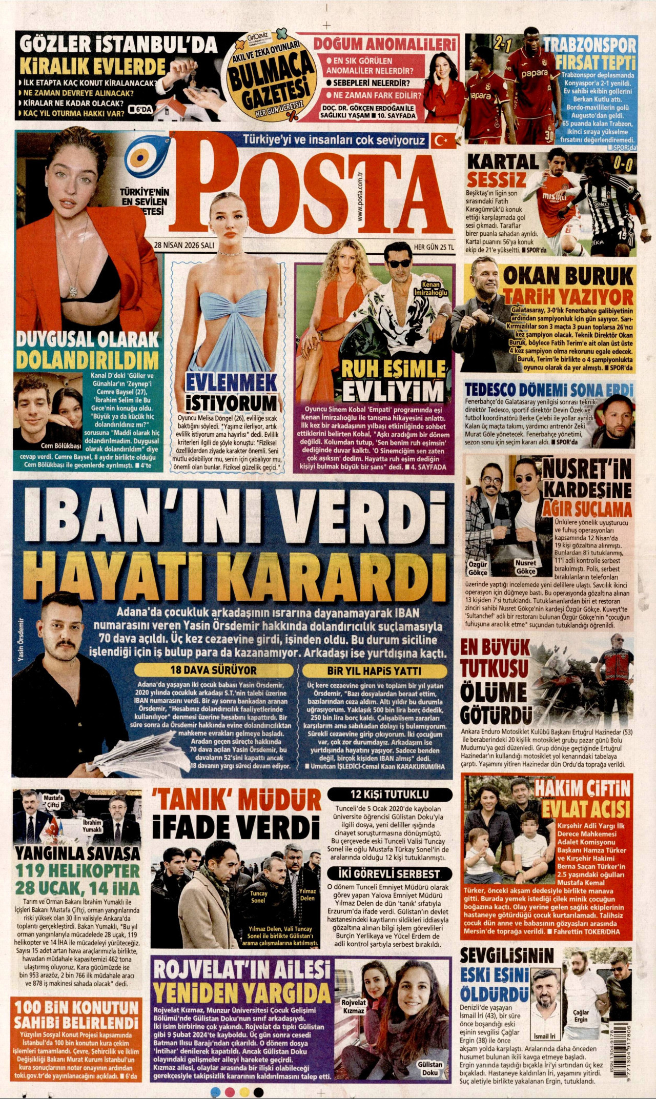 POSTA gazetesinin 28 Nisan 2026 tarihli birinci sayfası