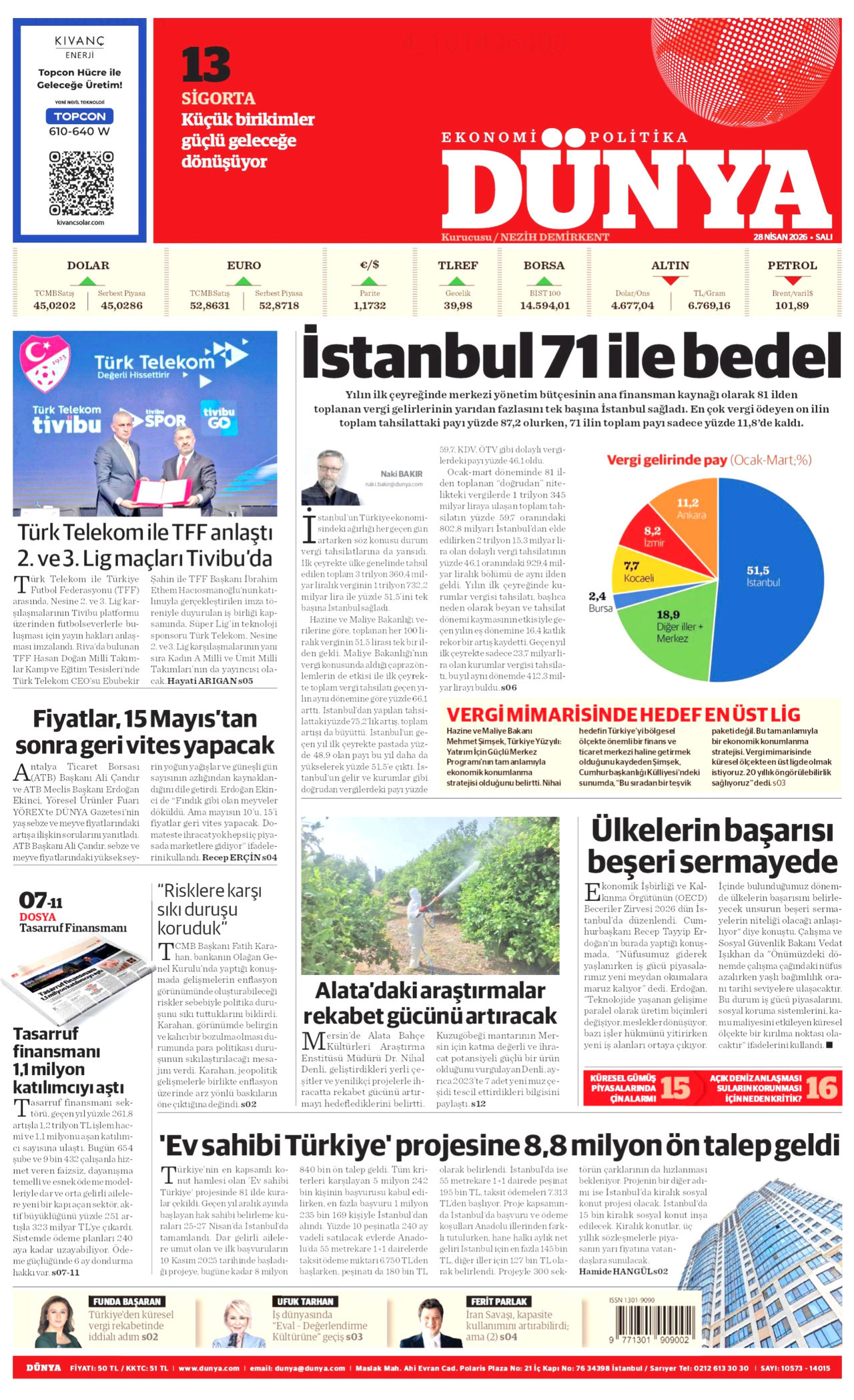 DÜNYA gazetesinin 28 Nisan 2026 tarihli birinci sayfası
