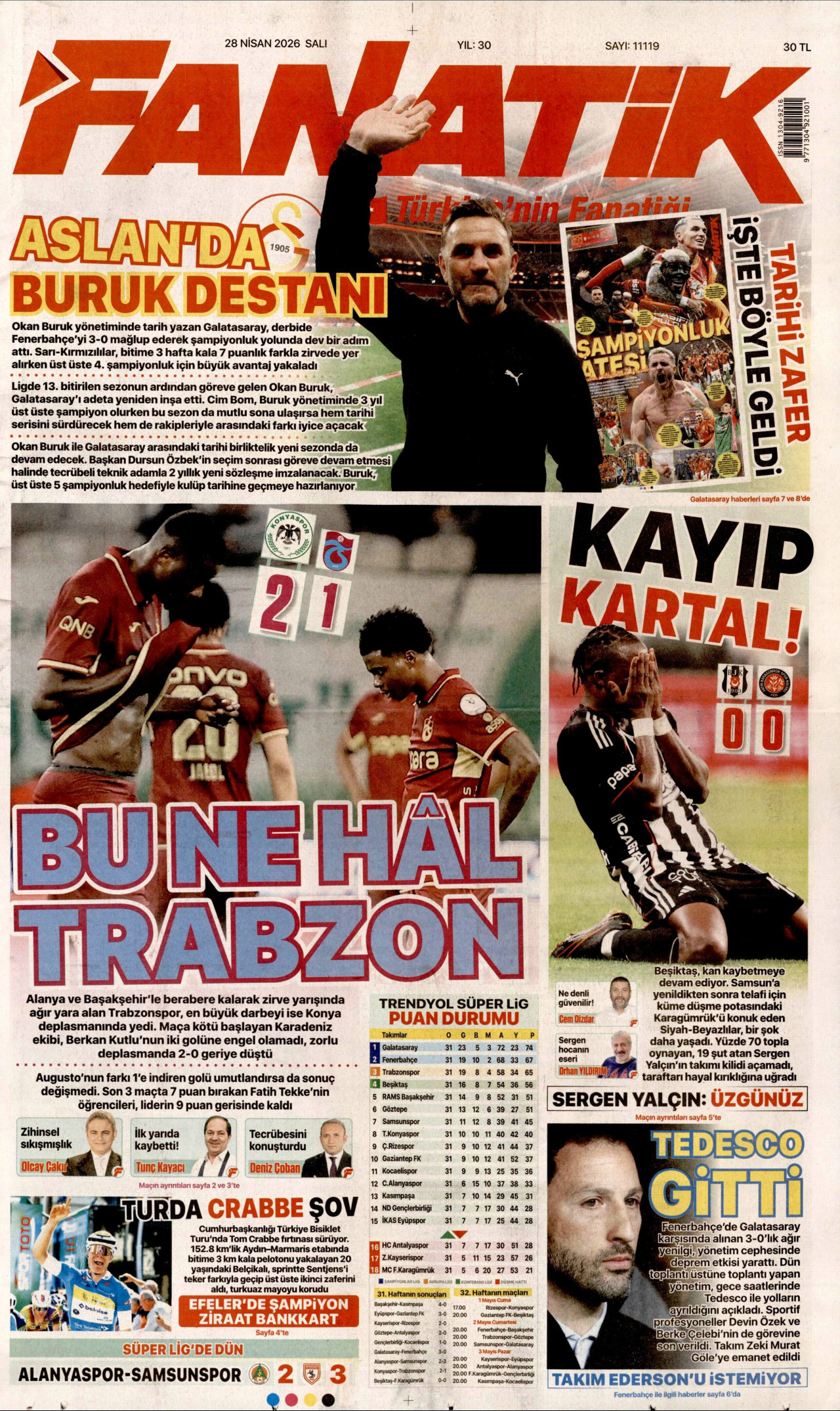 FANATİK gazetesinin 28 Nisan 2026 tarihli birinci sayfası