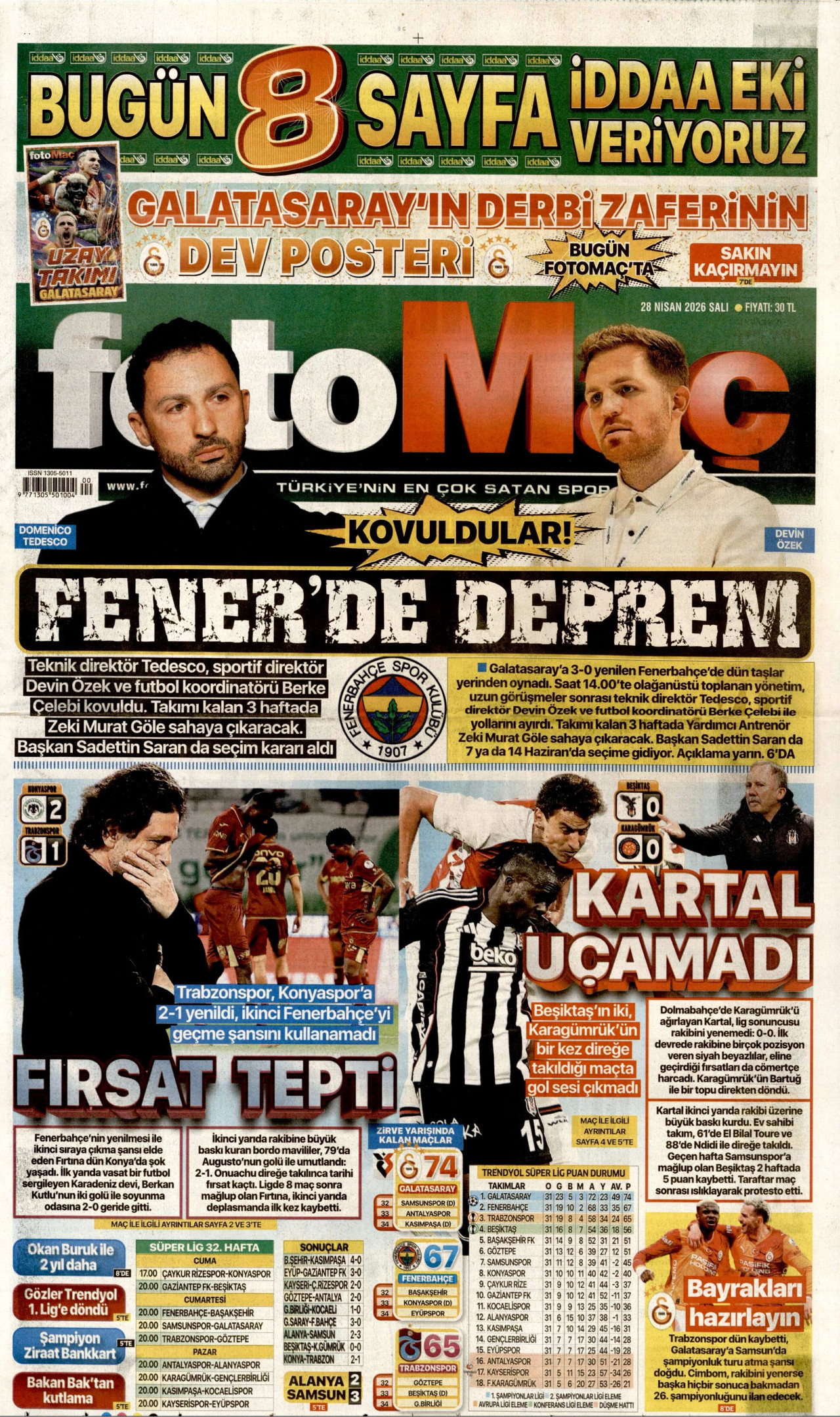 FOTOMAÇ gazetesinin 28 Nisan 2026 tarihli birinci sayfası