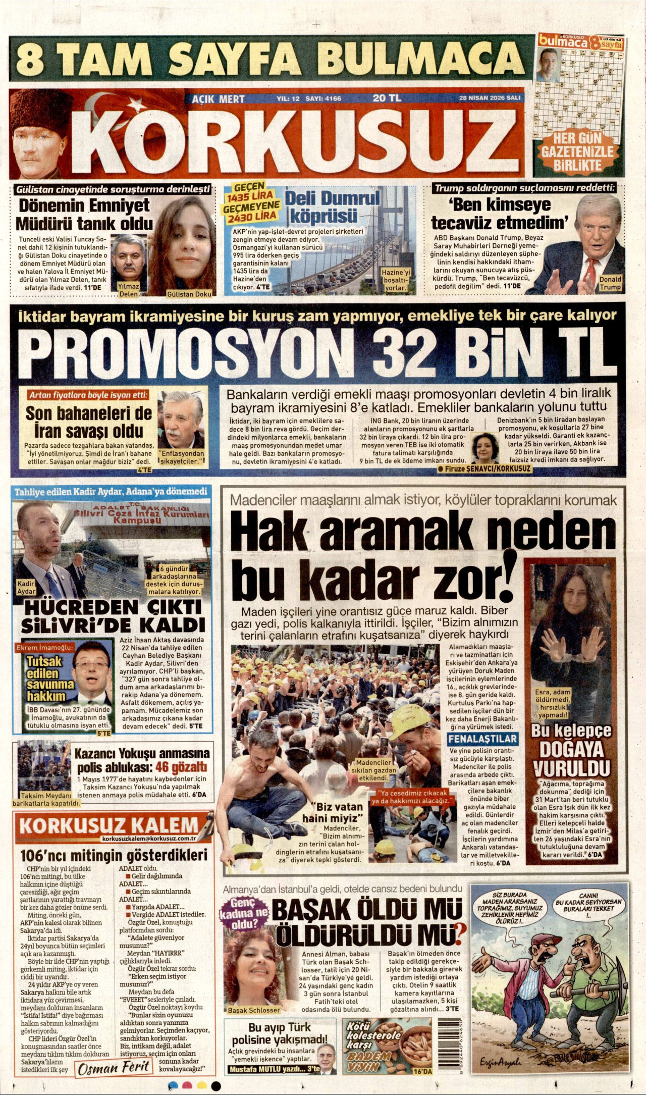 KORKUSUZ gazetesinin 28 Nisan 2026 tarihli birinci sayfası