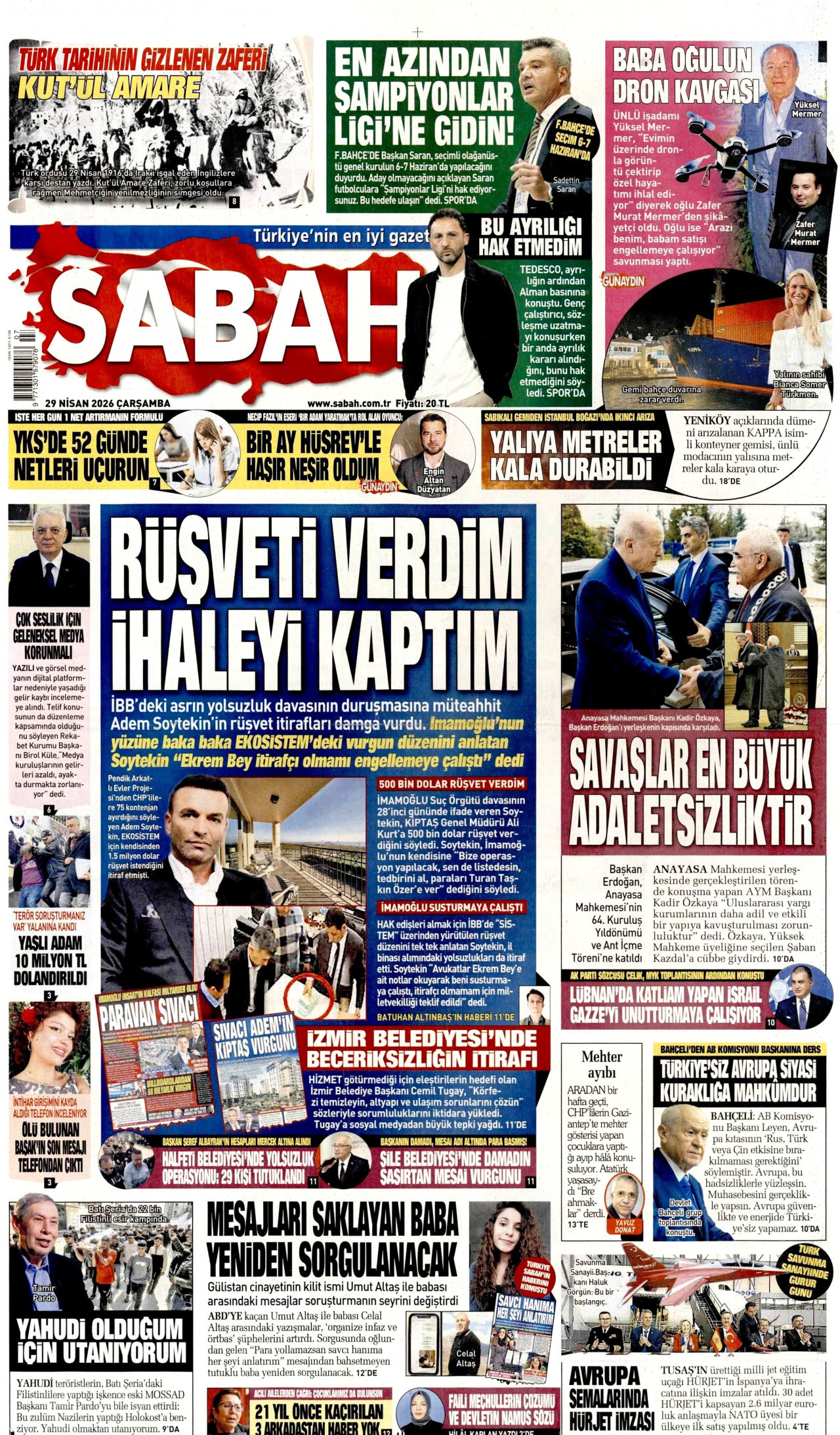 SABAH gazetesinin 29 Nisan 2026 tarihli birinci sayfası