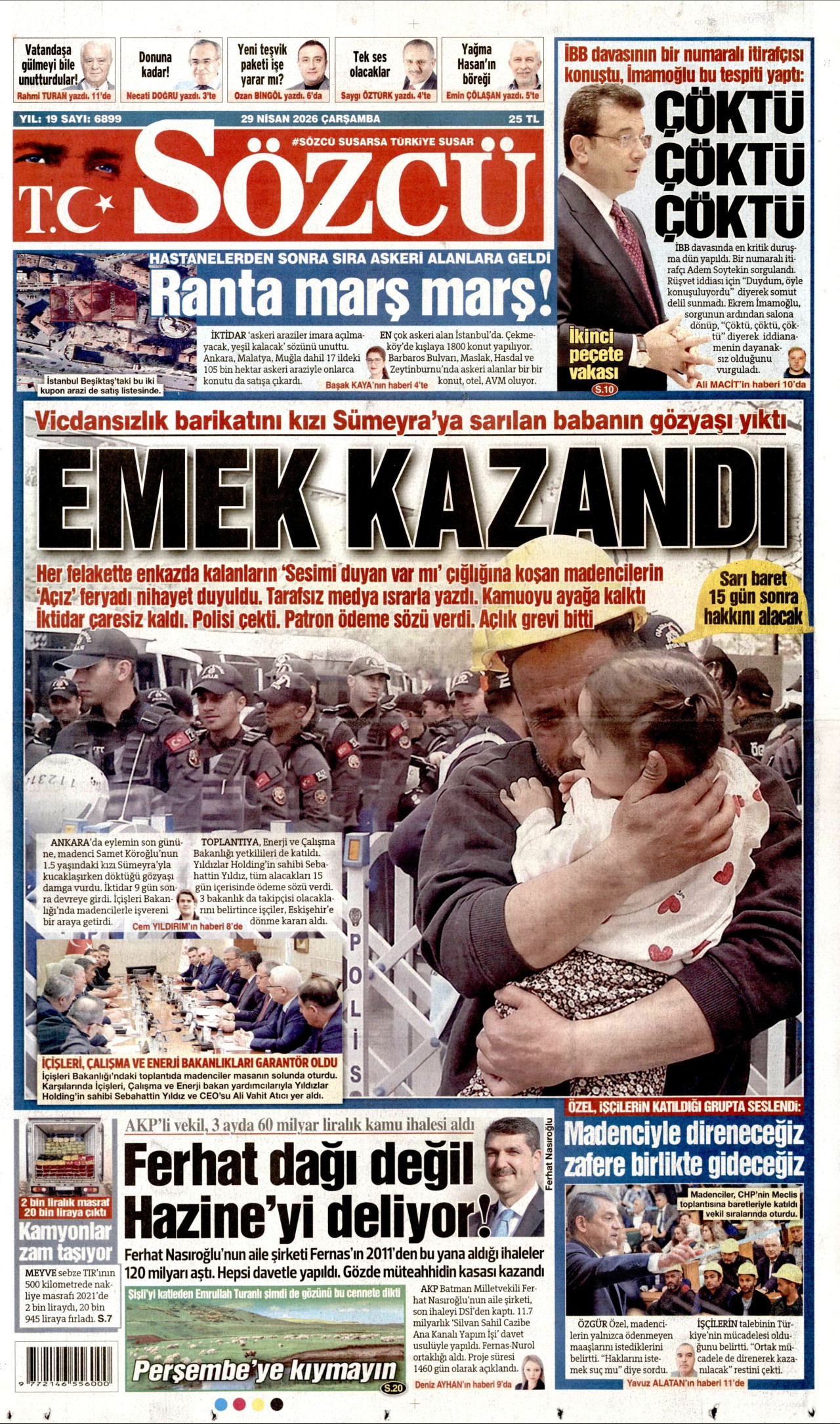 SÖZCÜ gazetesinin 29 Nisan 2026 tarihli birinci sayfası