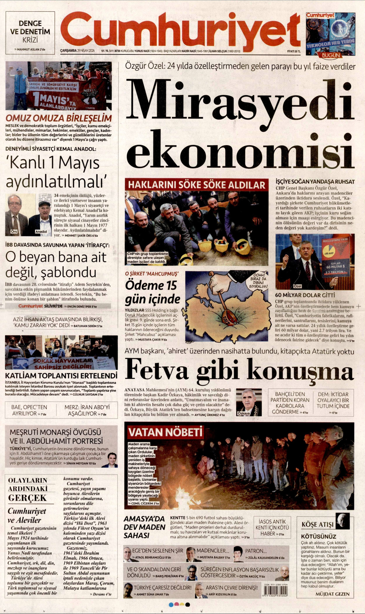 CUMHURİYET gazetesinin 29 Nisan 2026 tarihli birinci sayfası