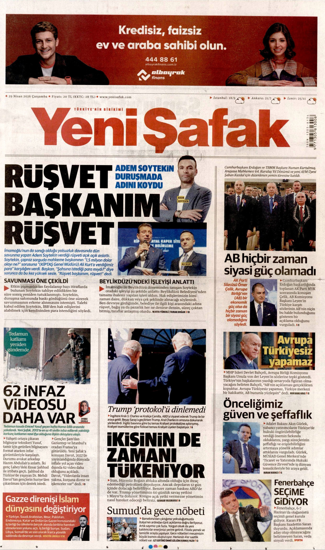 YENİ ŞAFAK gazetesinin 29 Nisan 2026 tarihli birinci sayfası