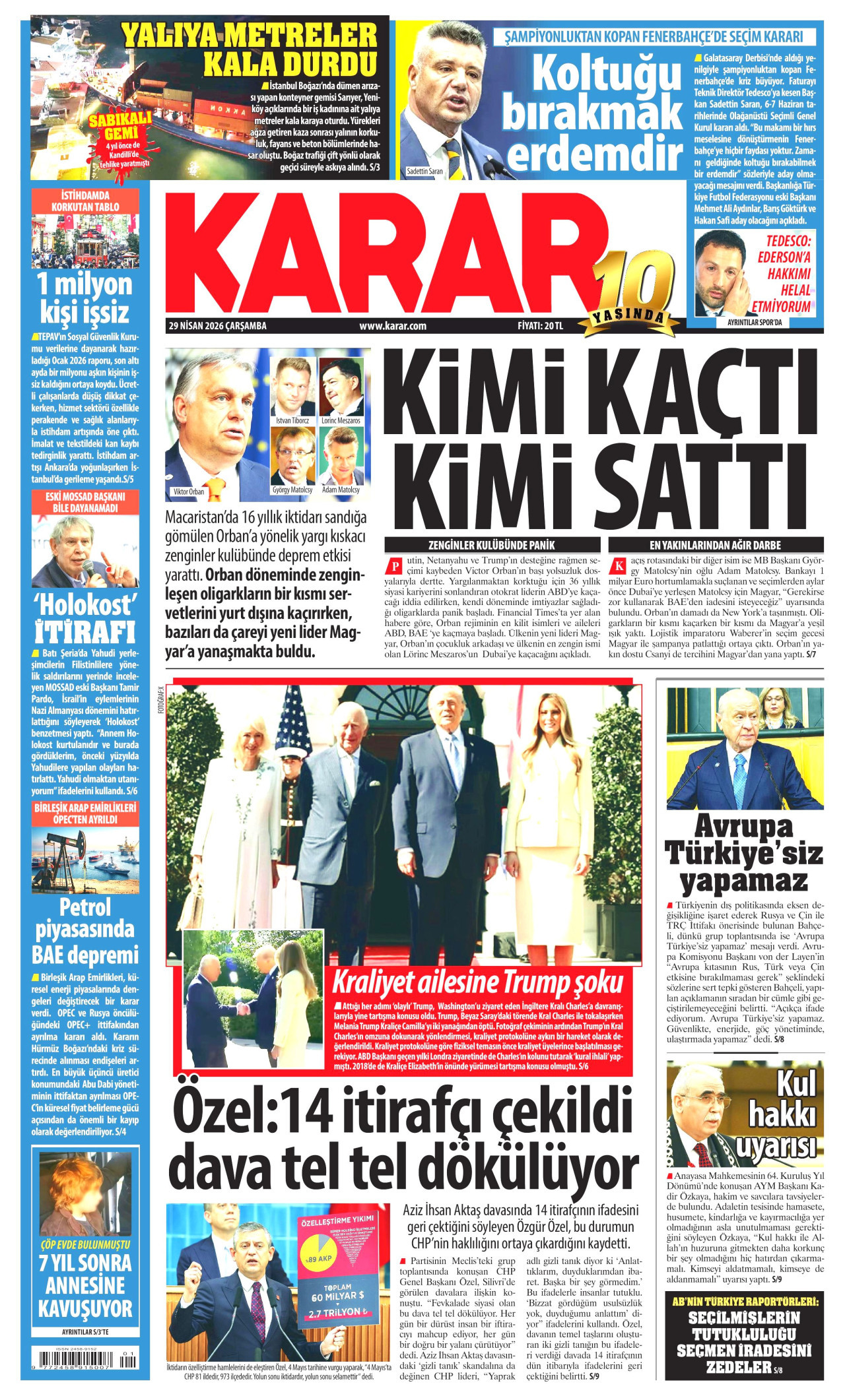 KARAR gazetesinin 29 Nisan 2026 tarihli birinci sayfası