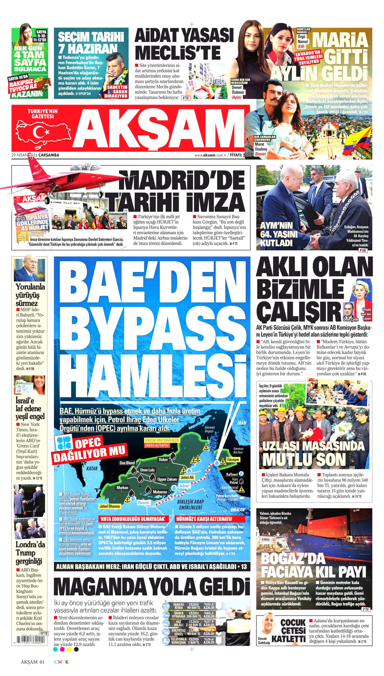 AKŞAM gazetesinin 29 Nisan 2026 tarihli birinci sayfası