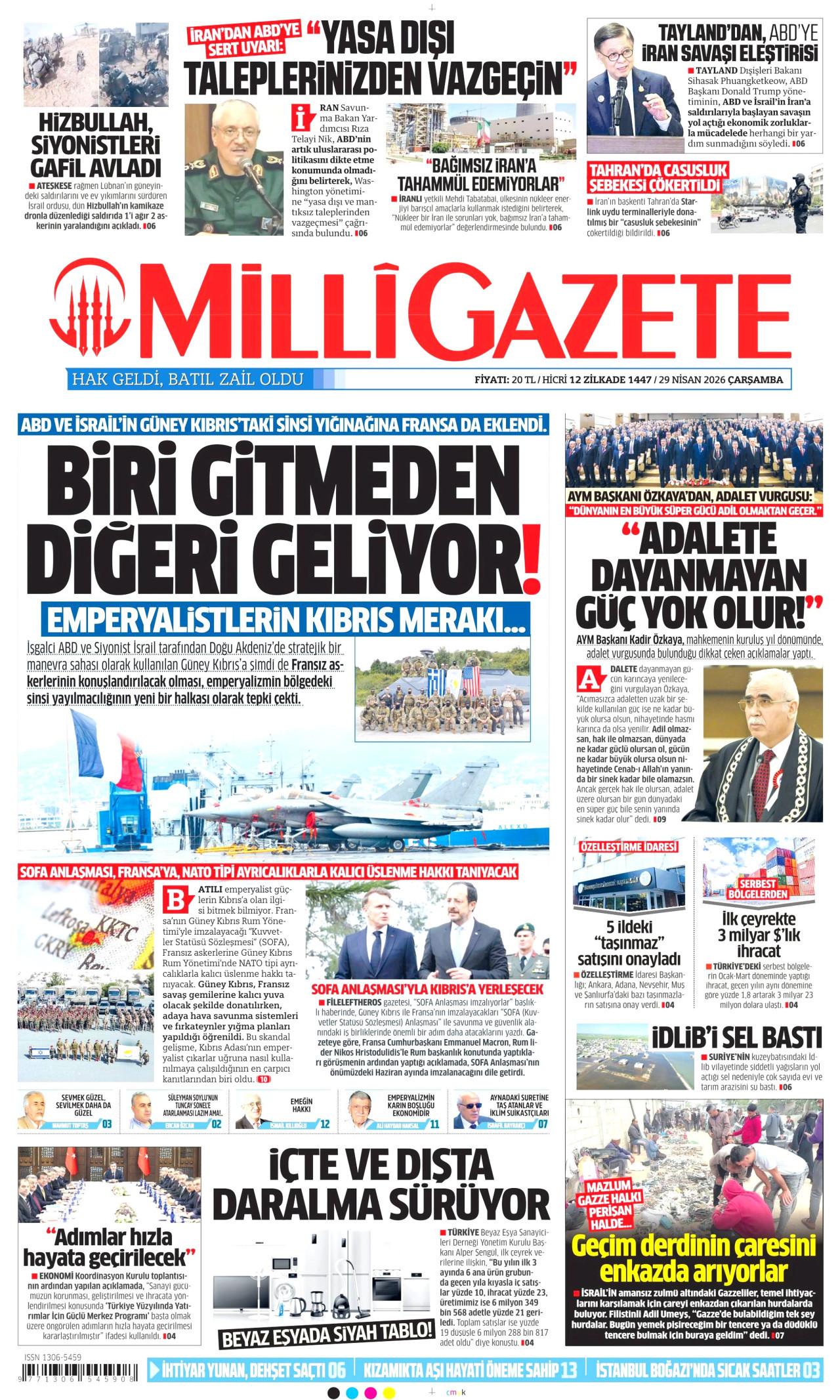 MİLLİ GAZETE gazetesinin 29 Nisan 2026 tarihli birinci sayfası
