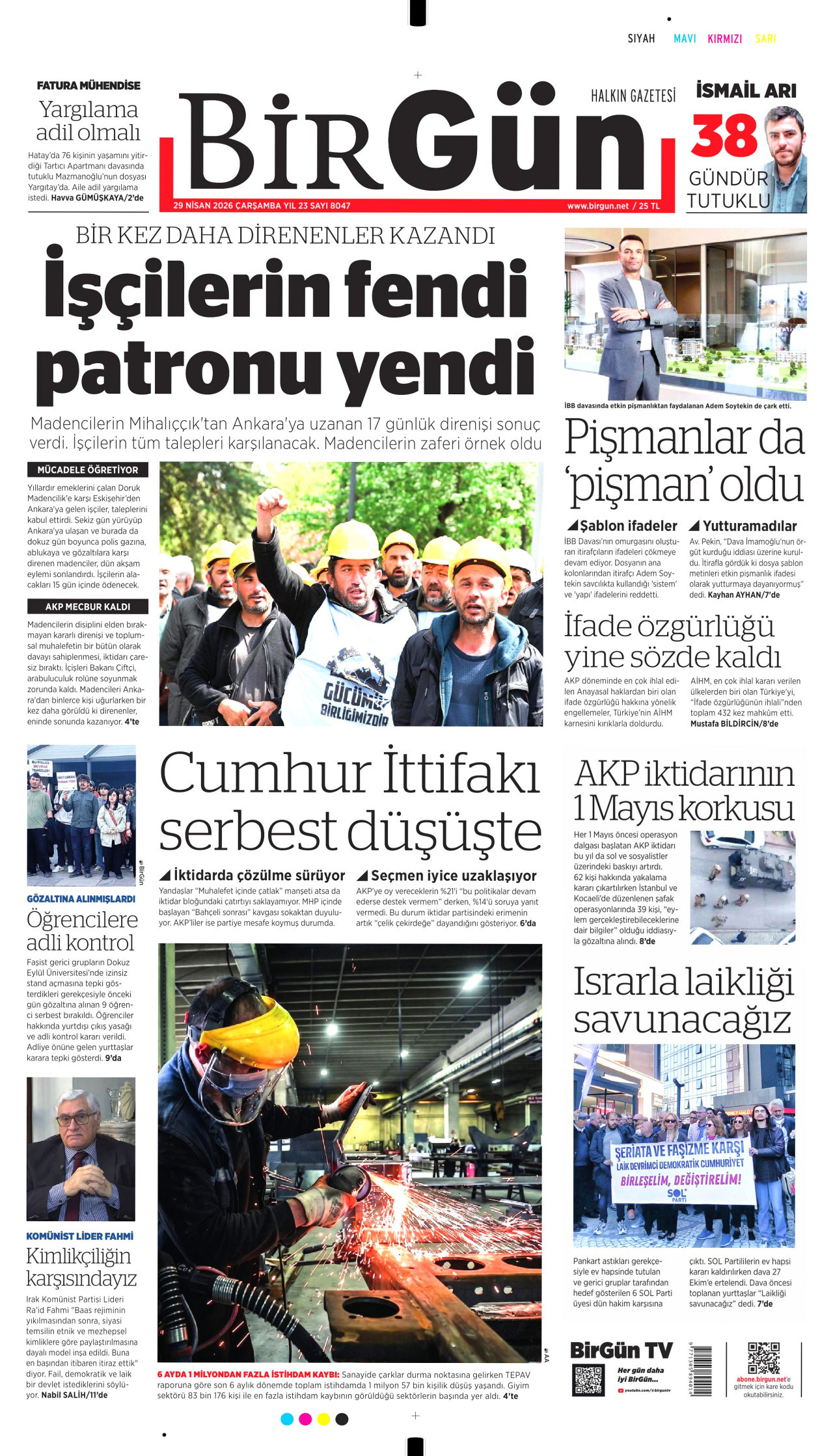 BİRGÜN gazetesinin 29 Nisan 2026 tarihli birinci sayfası