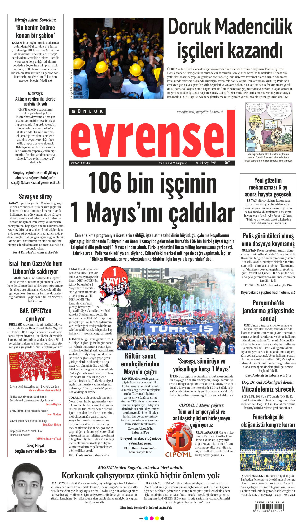 EVRENSEL gazetesinin 29 Nisan 2026 tarihli birinci sayfası