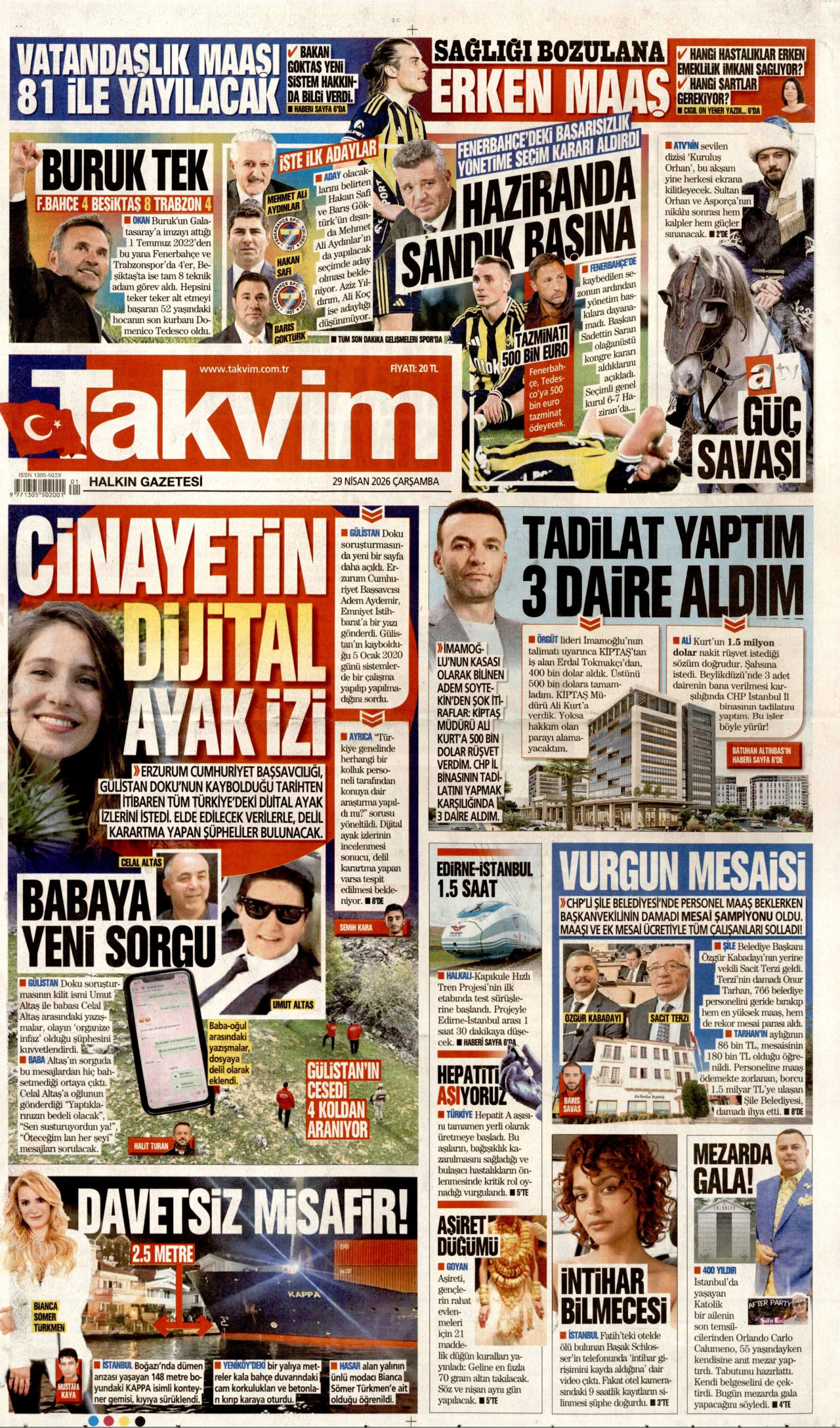 TAKVİM gazetesinin 29 Nisan 2026 tarihli birinci sayfası