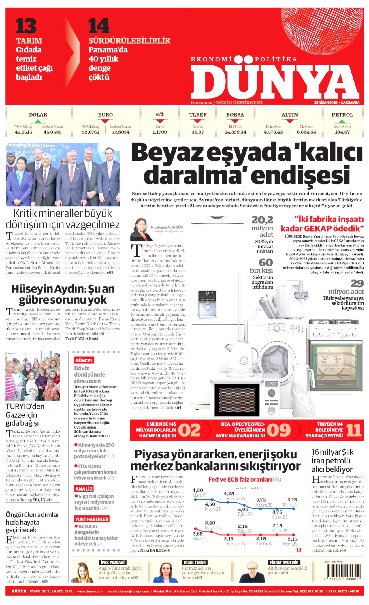 DÜNYA gazetesinin 29 Nisan 2026 tarihli birinci sayfası