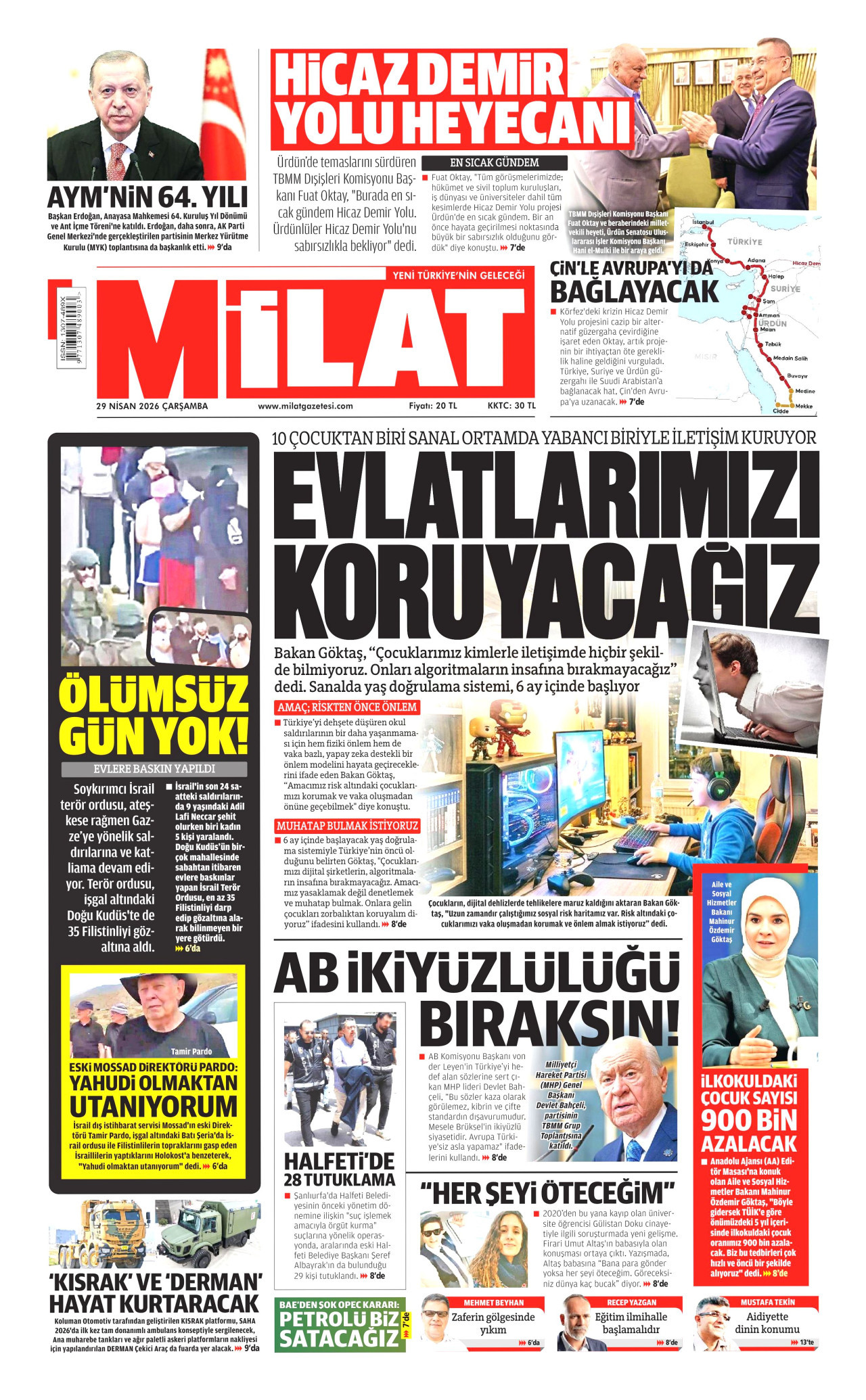 MİLAT gazetesinin 29 Nisan 2026 tarihli birinci sayfası