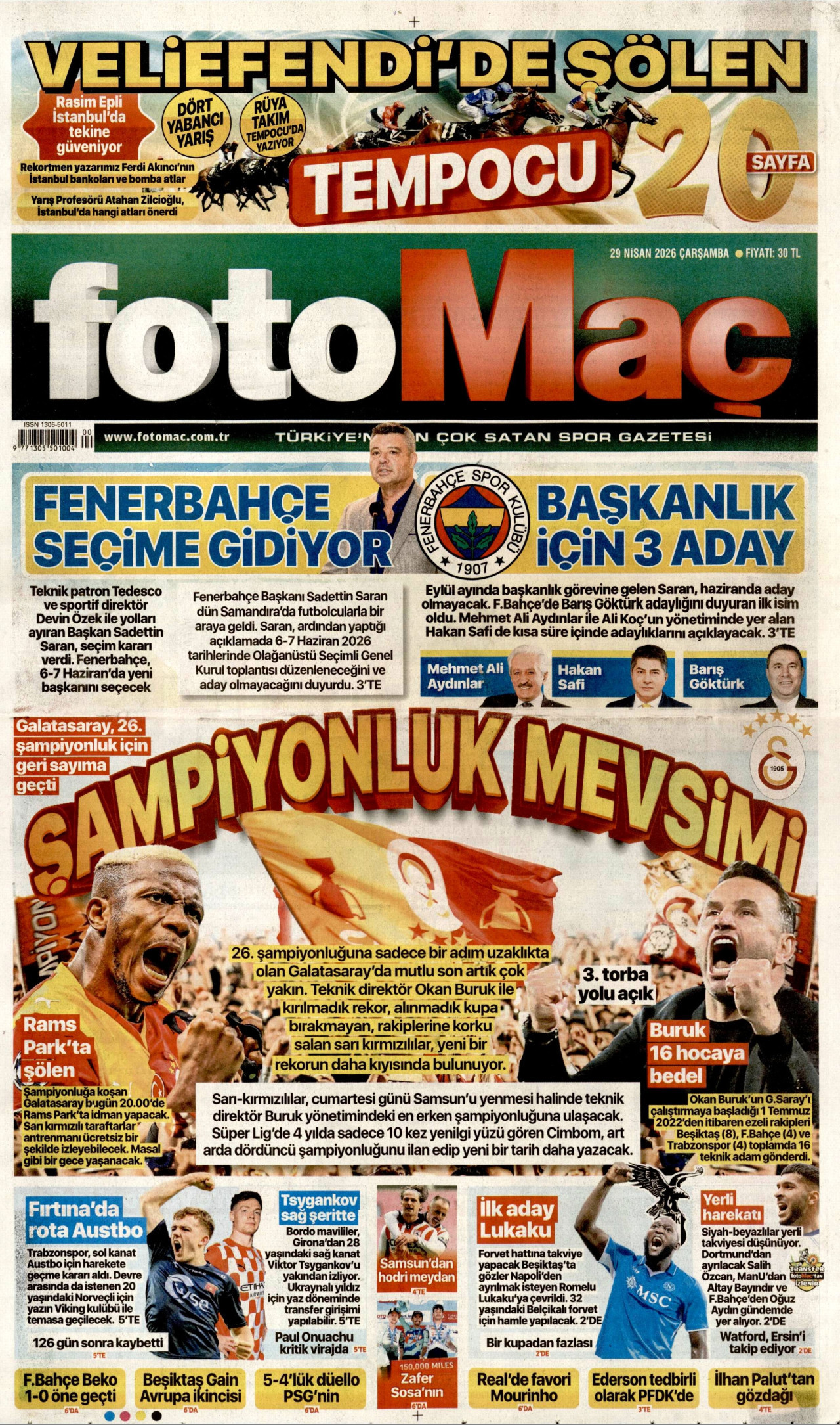 FOTOMAÇ gazetesinin 29 Nisan 2026 tarihli birinci sayfası