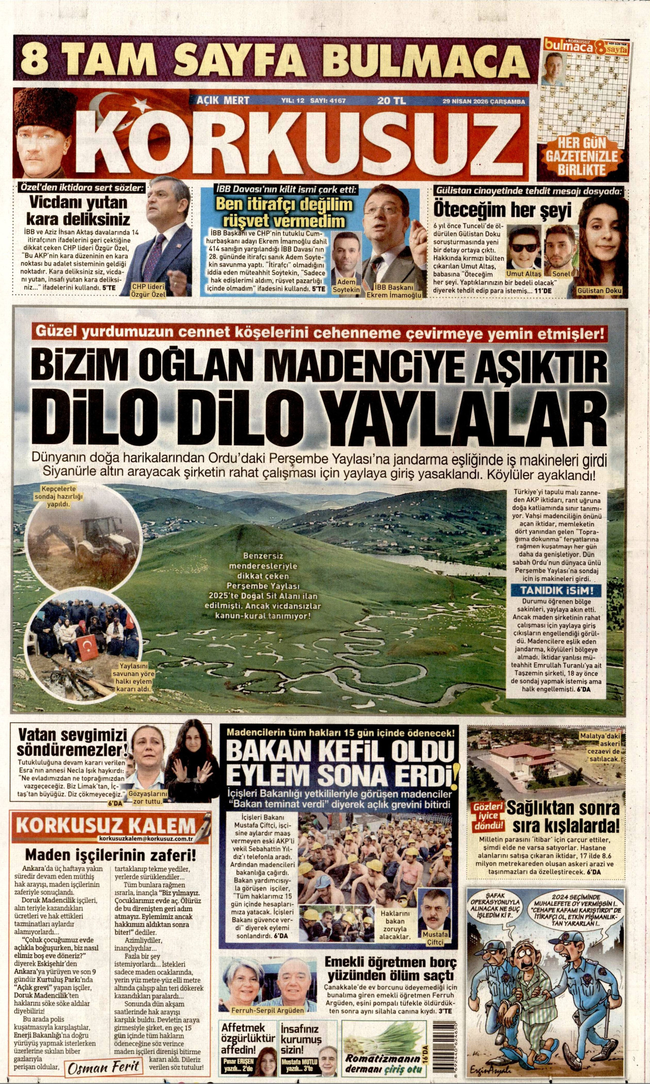 KORKUSUZ gazetesinin 29 Nisan 2026 tarihli birinci sayfası