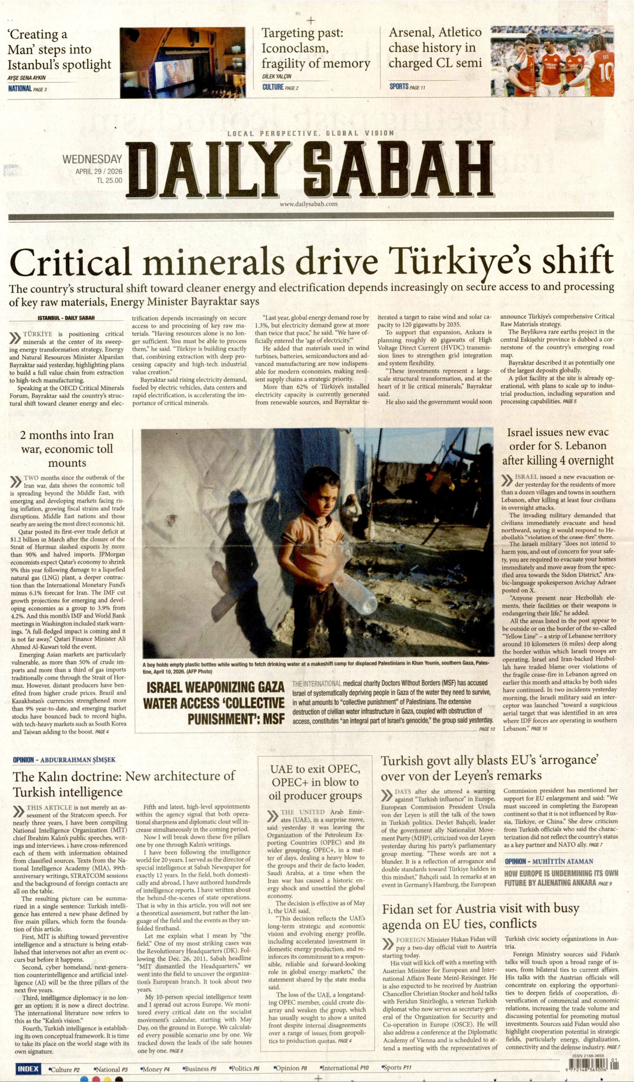 DAİLY SABAH gazetesinin 29 Nisan 2026 tarihli birinci sayfası