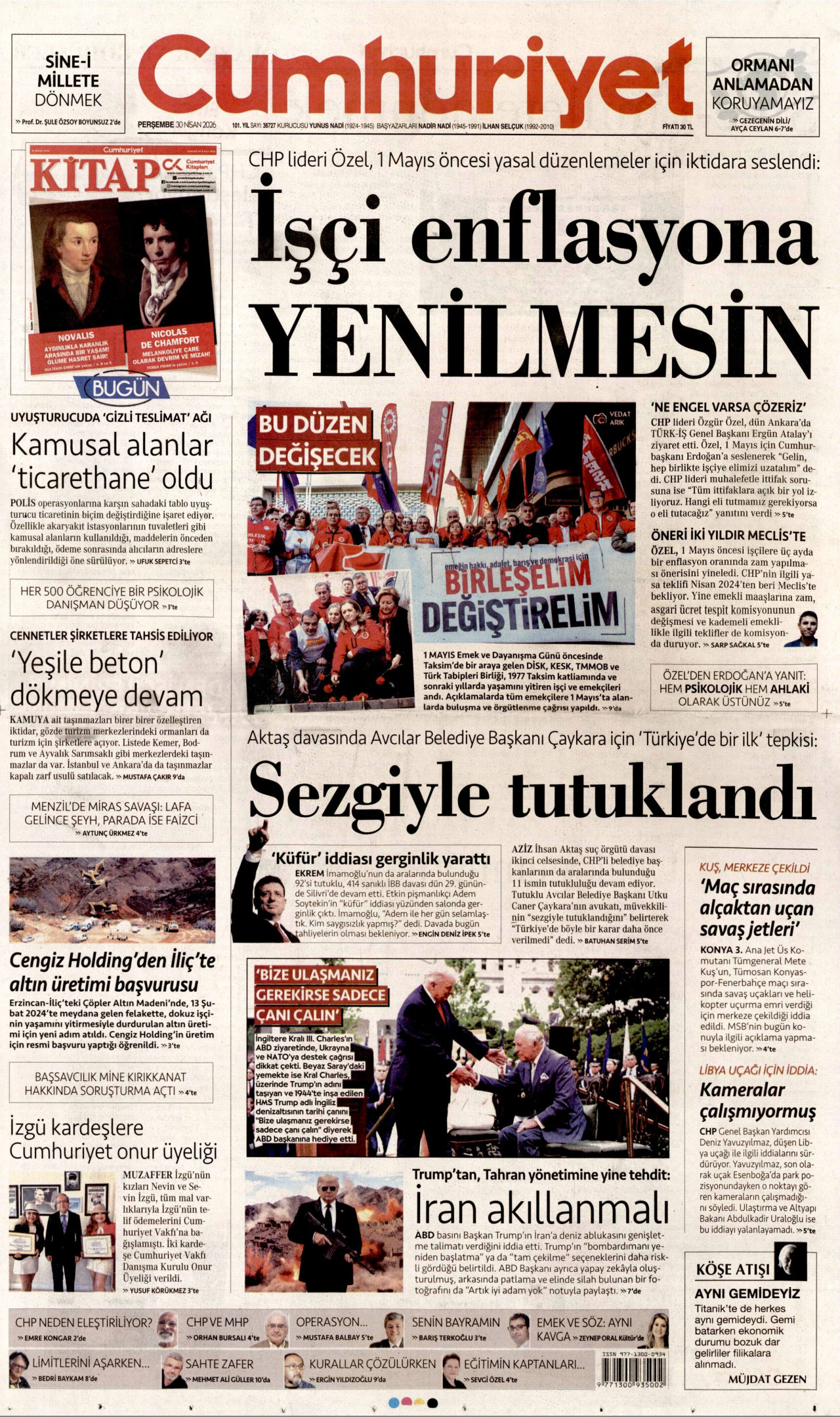 CUMHURİYET gazetesinin 30 Nisan 2026 tarihli birinci sayfası