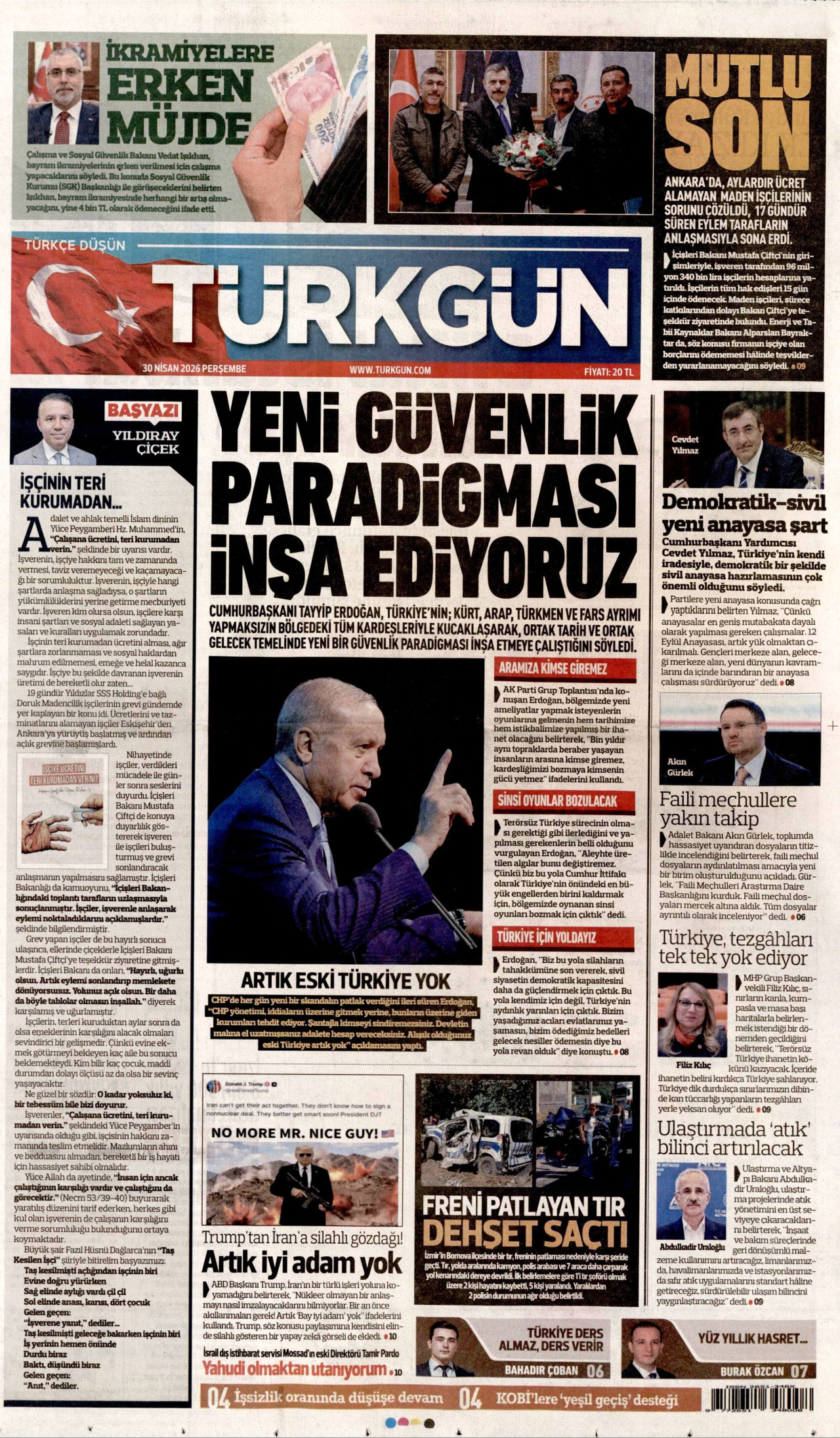 TÜRKGÜN gazetesinin 30 Nisan 2026 tarihli birinci sayfası